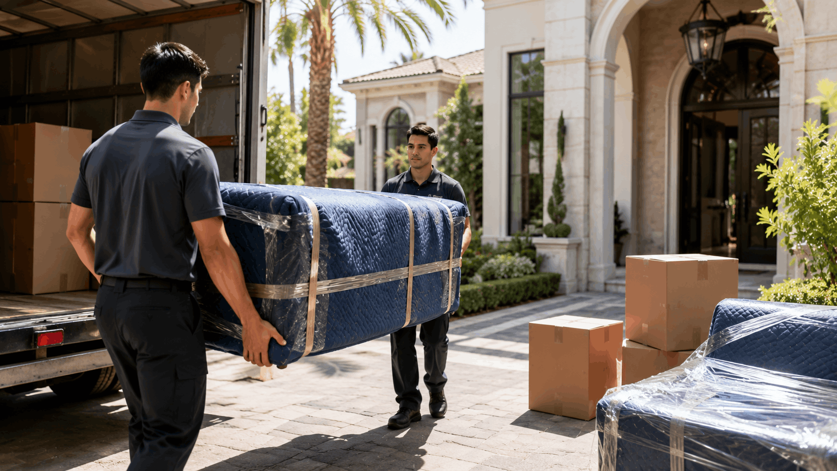 Two professional movers carrying wrapped mattress into luxury Beverly Hills home