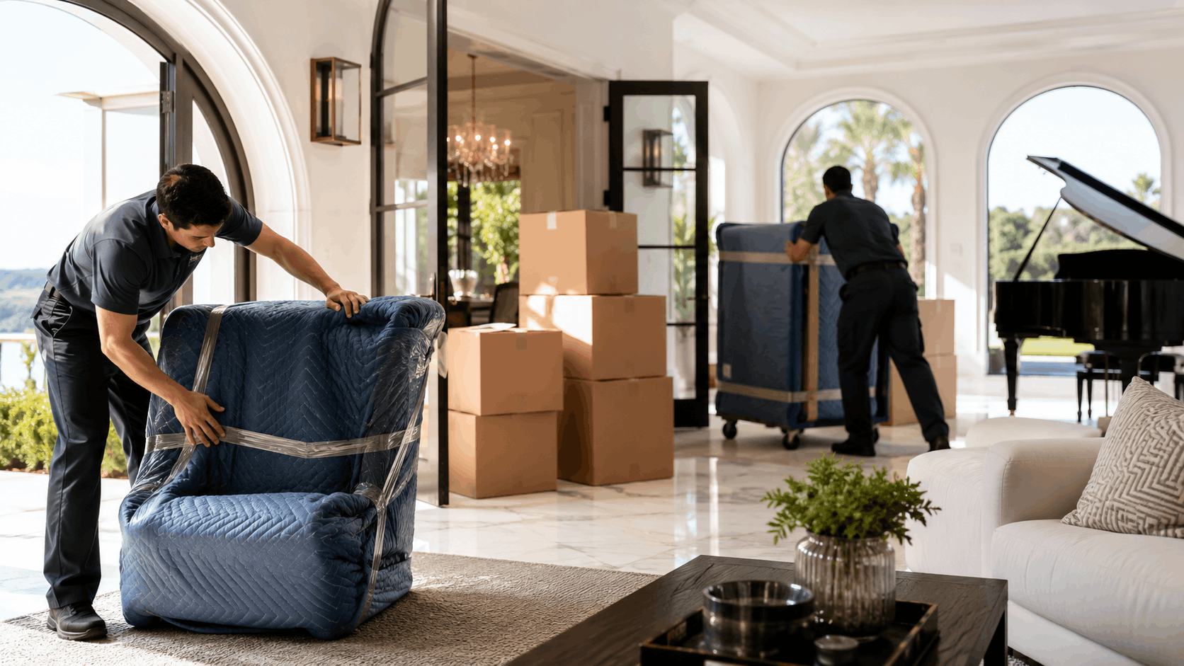 Professional movers wrapping and transporting furniture in luxury Los Angeles home
