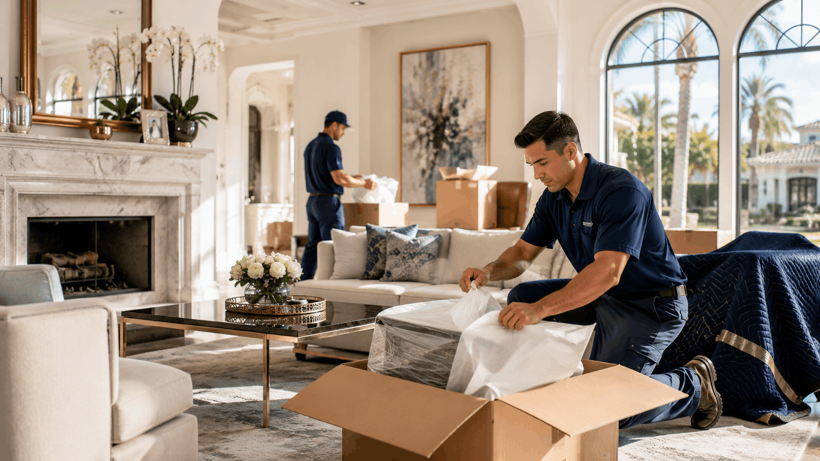 Professional movers in navy uniforms packing luxury Los Angeles estate living room