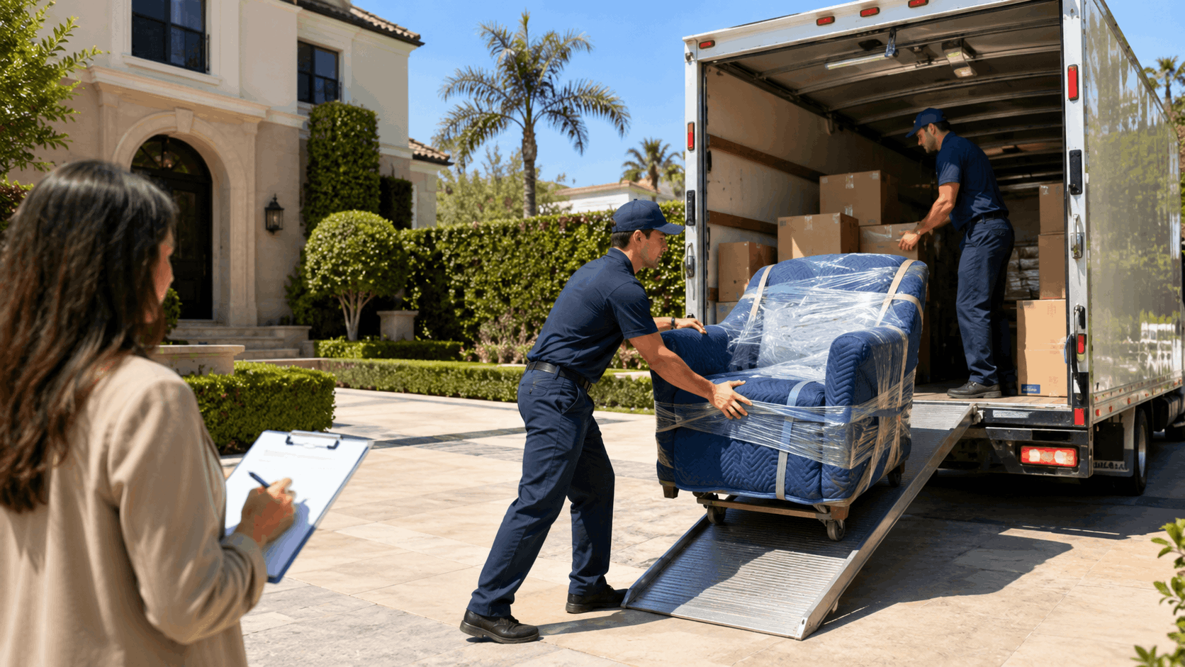 Two professional movers unloading wrapped furniture from truck at Beverly Hills luxury home