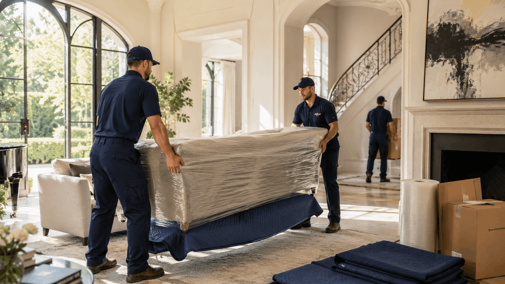 Professional movers in navy uniforms carrying wrapped sofa in luxury Bel Air home