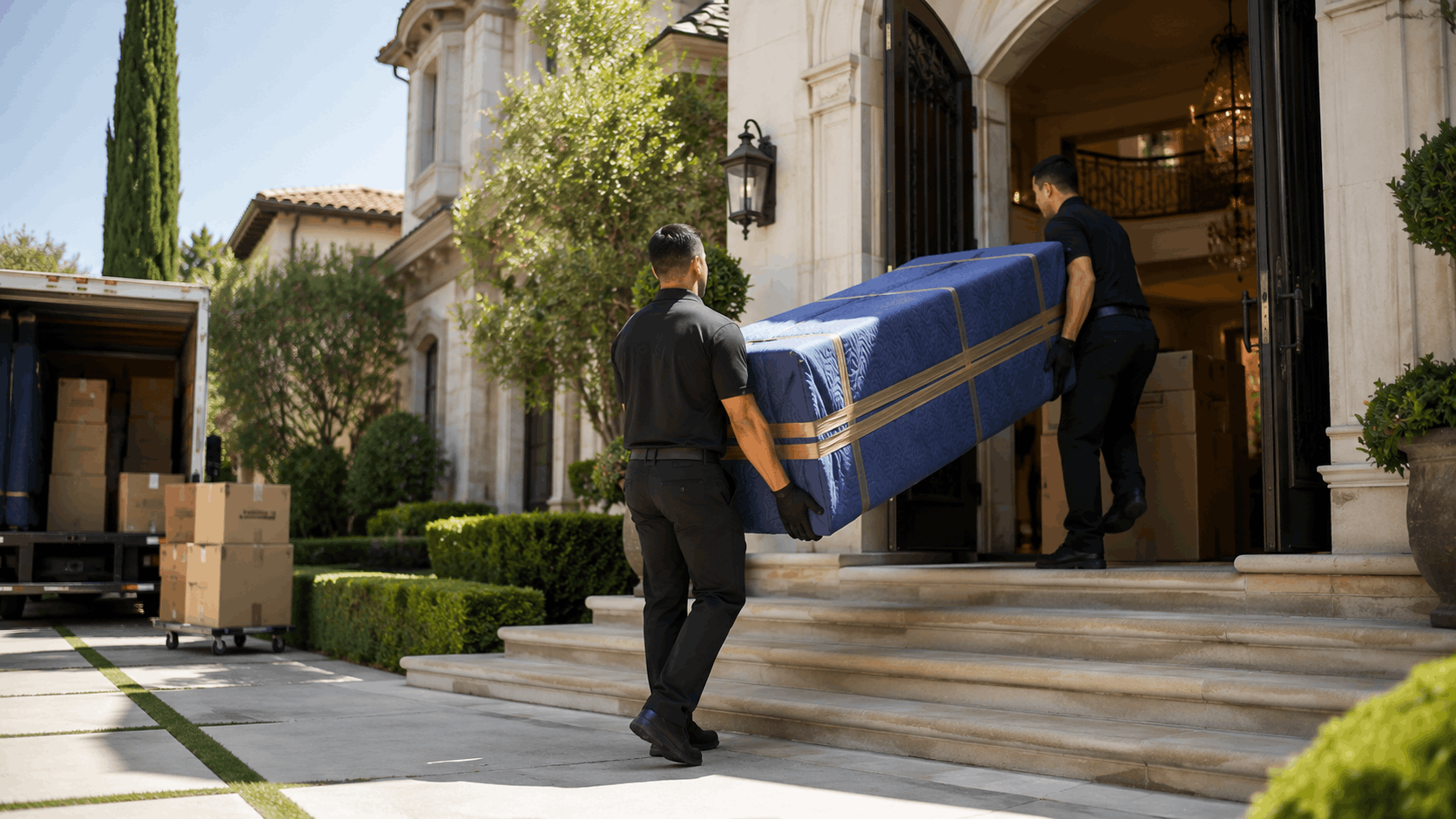 Two professional movers carrying wrapped mattress into luxury Holmby Hills estate entrance