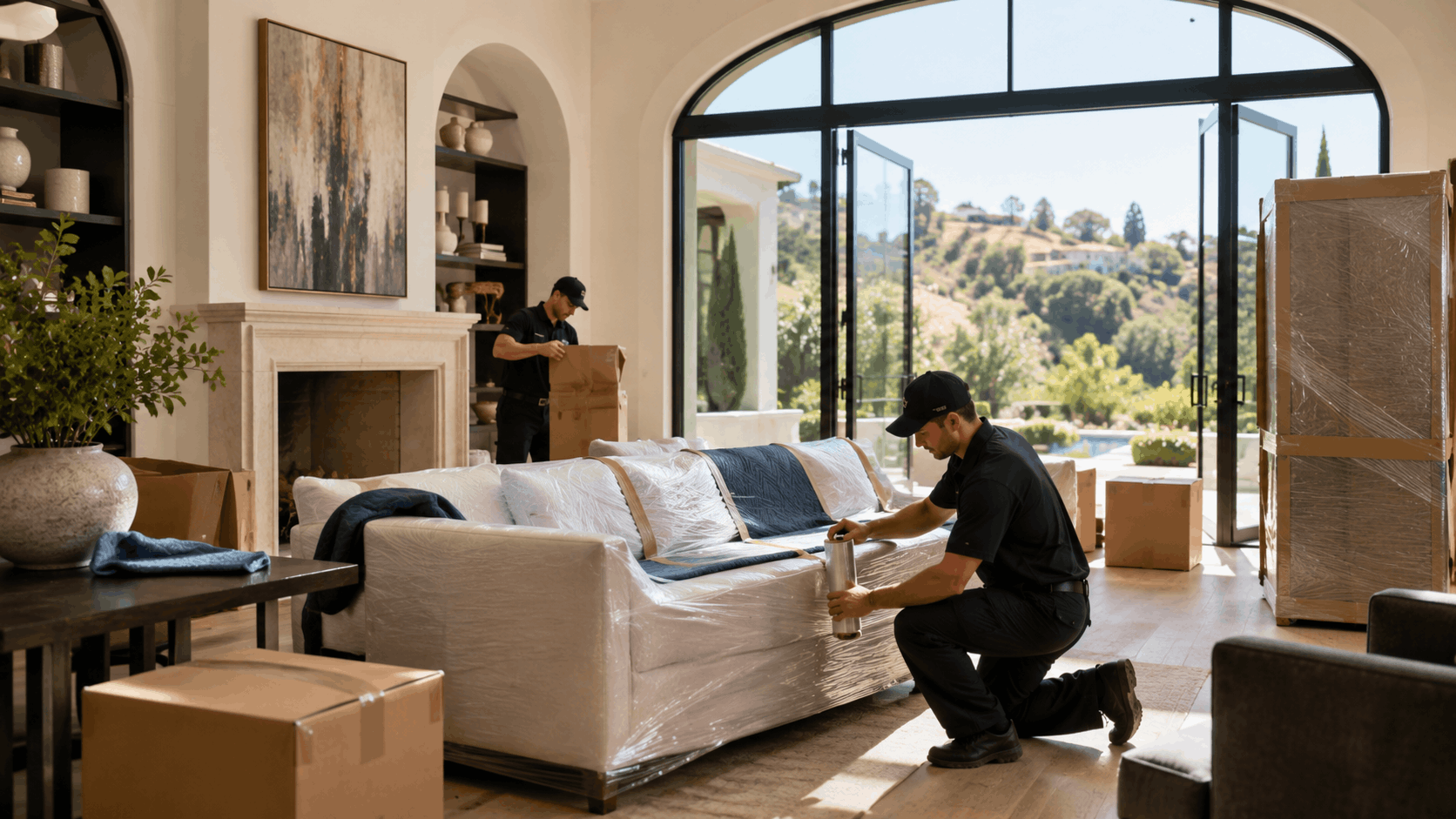 Two movers in black uniforms wrapping luxury estate furniture for relocation in Los Angeles