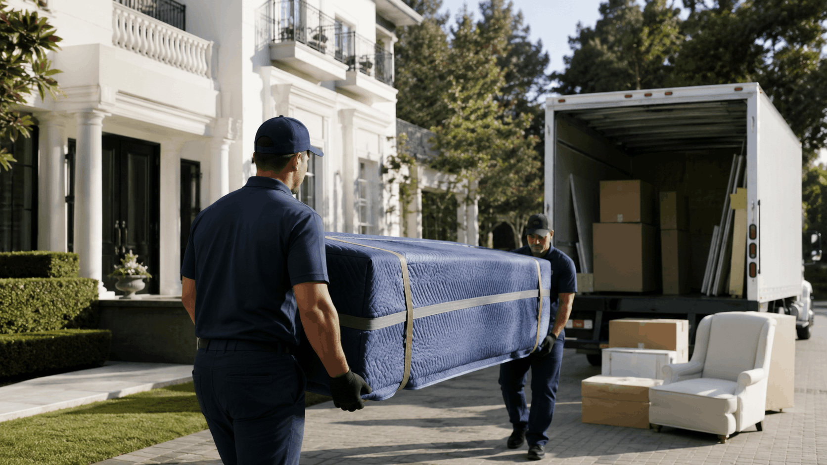 Two professional movers in uniform carrying wrapped mattress into luxury Los Angeles home