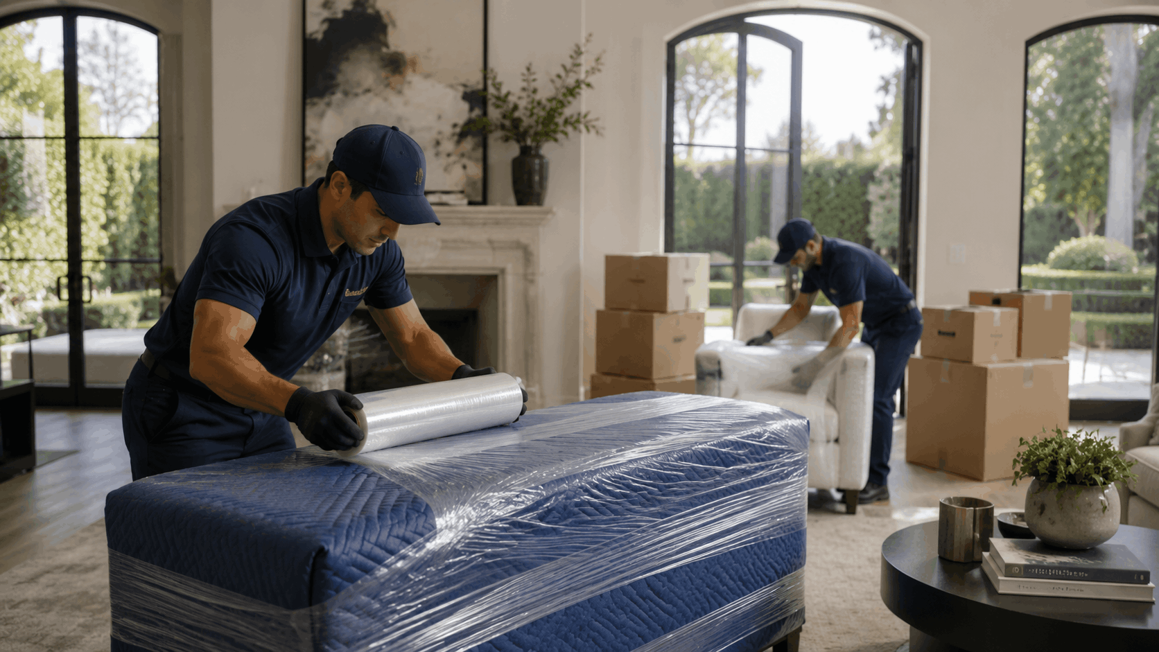 Professional movers wrapping mattress and furniture with plastic stretch wrap during Holmby Hills estate move
