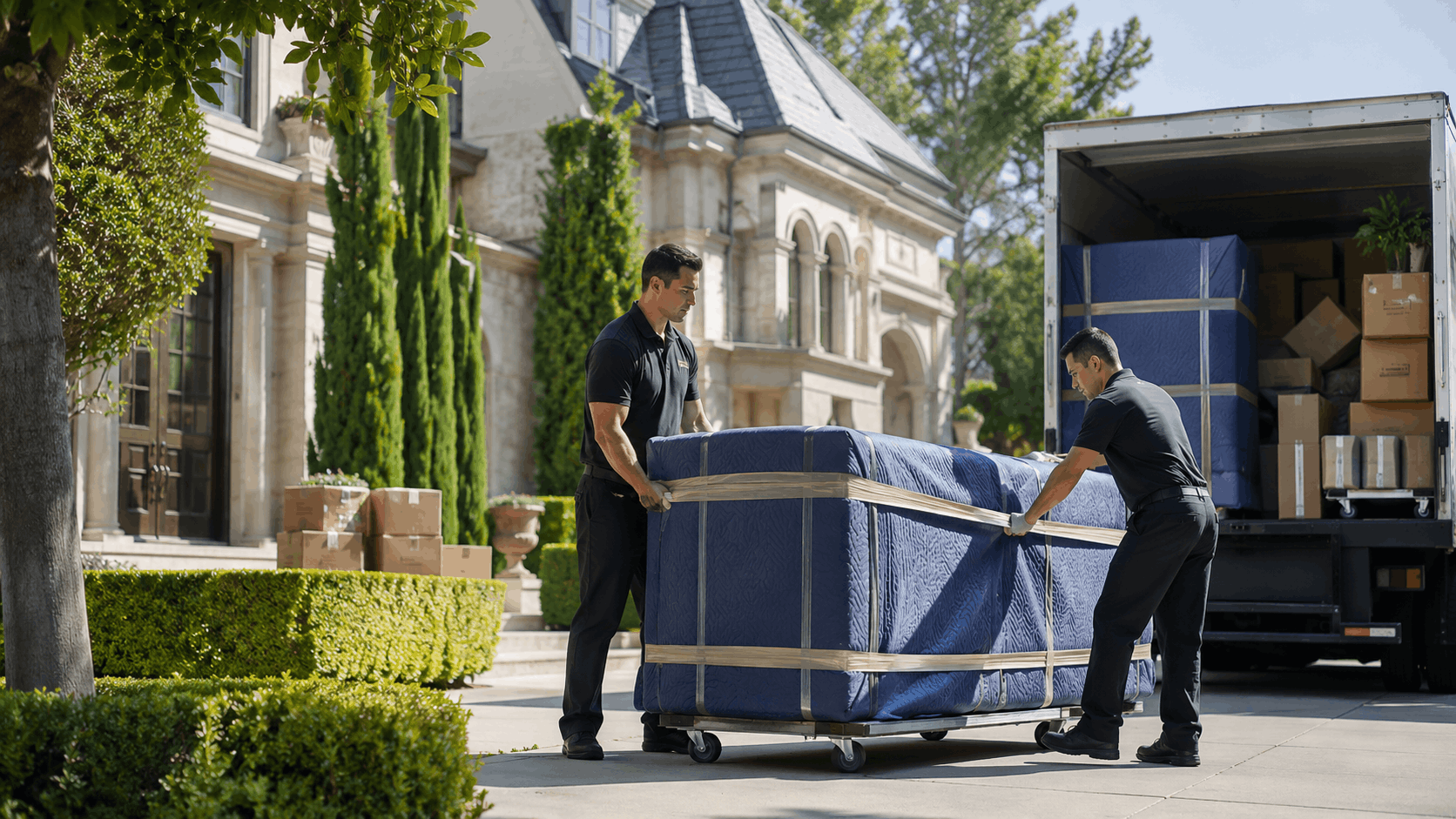 Two professional movers unloading wrapped furniture from truck at luxury Los Angeles home