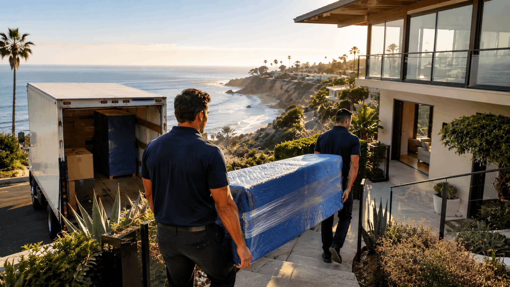 Two movers carrying wrapped mattress up cliffside home stairs with ocean view