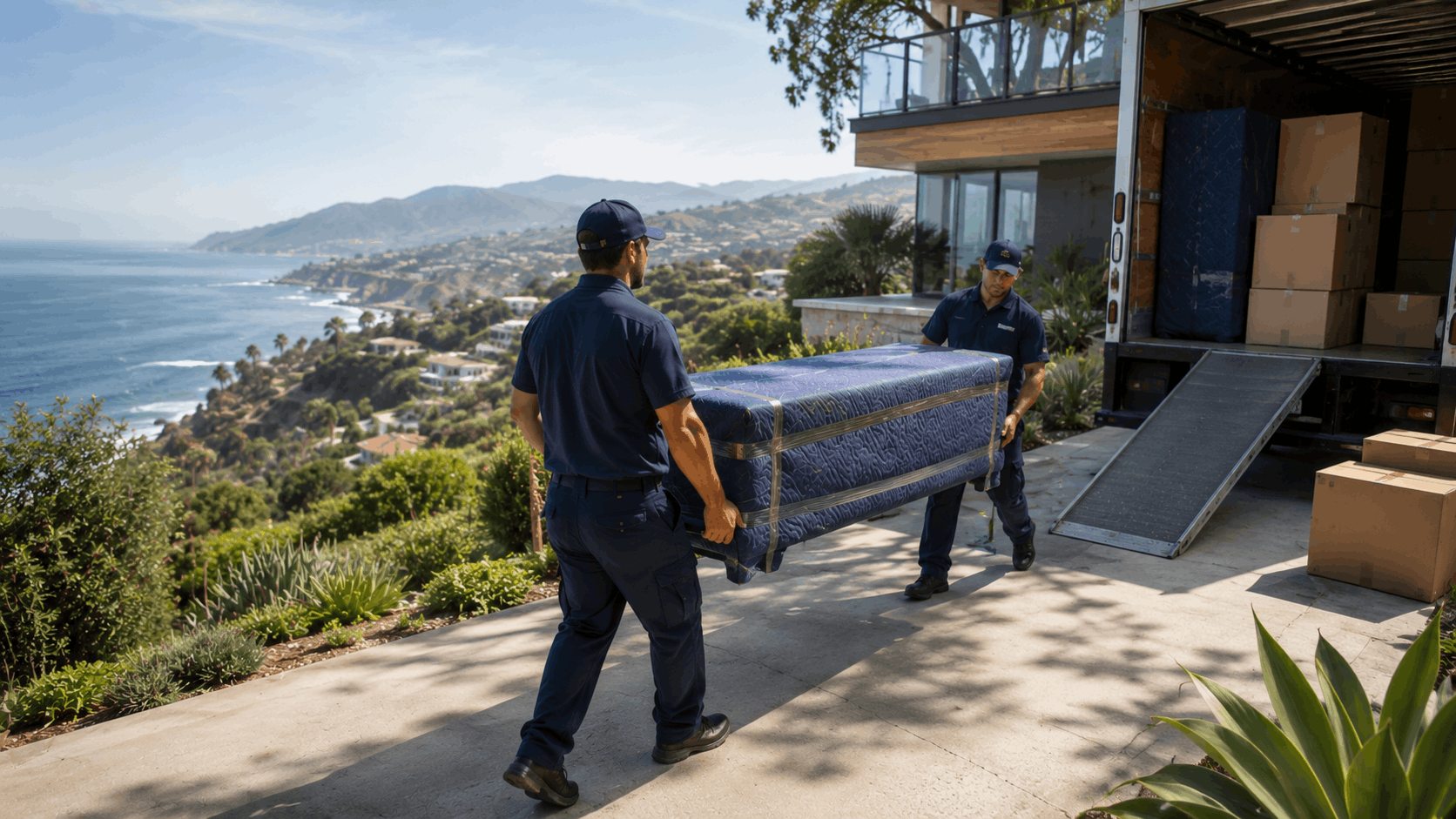 Two professional movers carrying wrapped mattress at cliffside Los Angeles luxury home