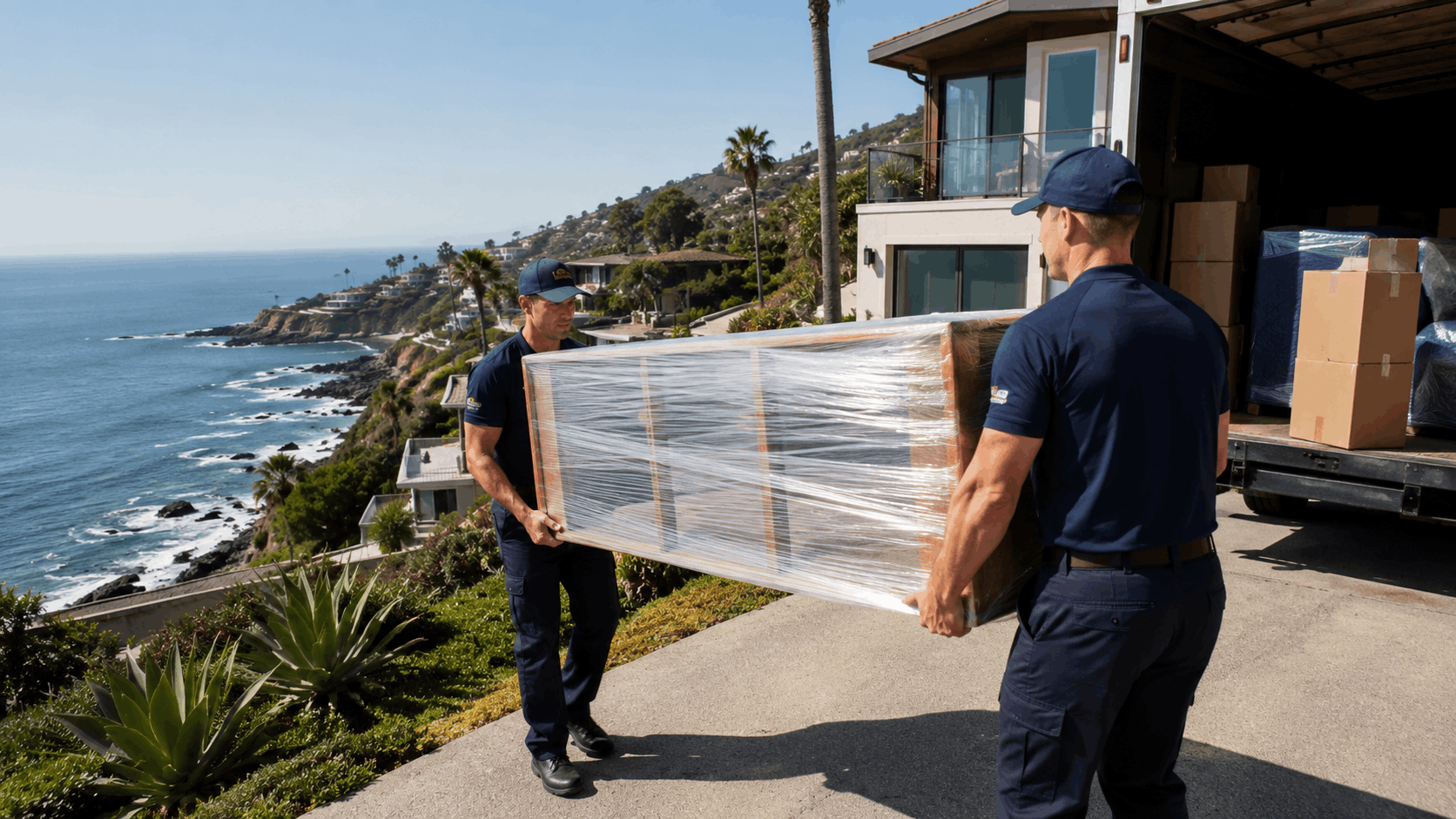 Two professional movers carrying wrapped furniture outside luxury Laguna Beach coastal home