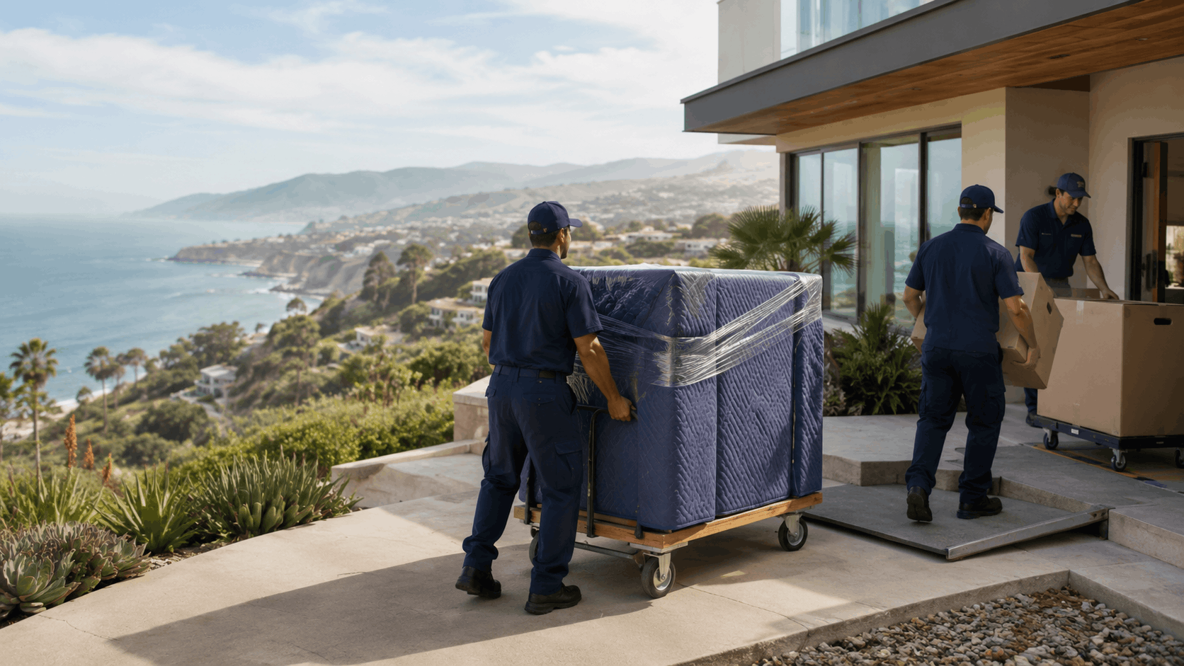 Movers in navy uniforms delivering furniture to luxury Malibu coastal home during renovation