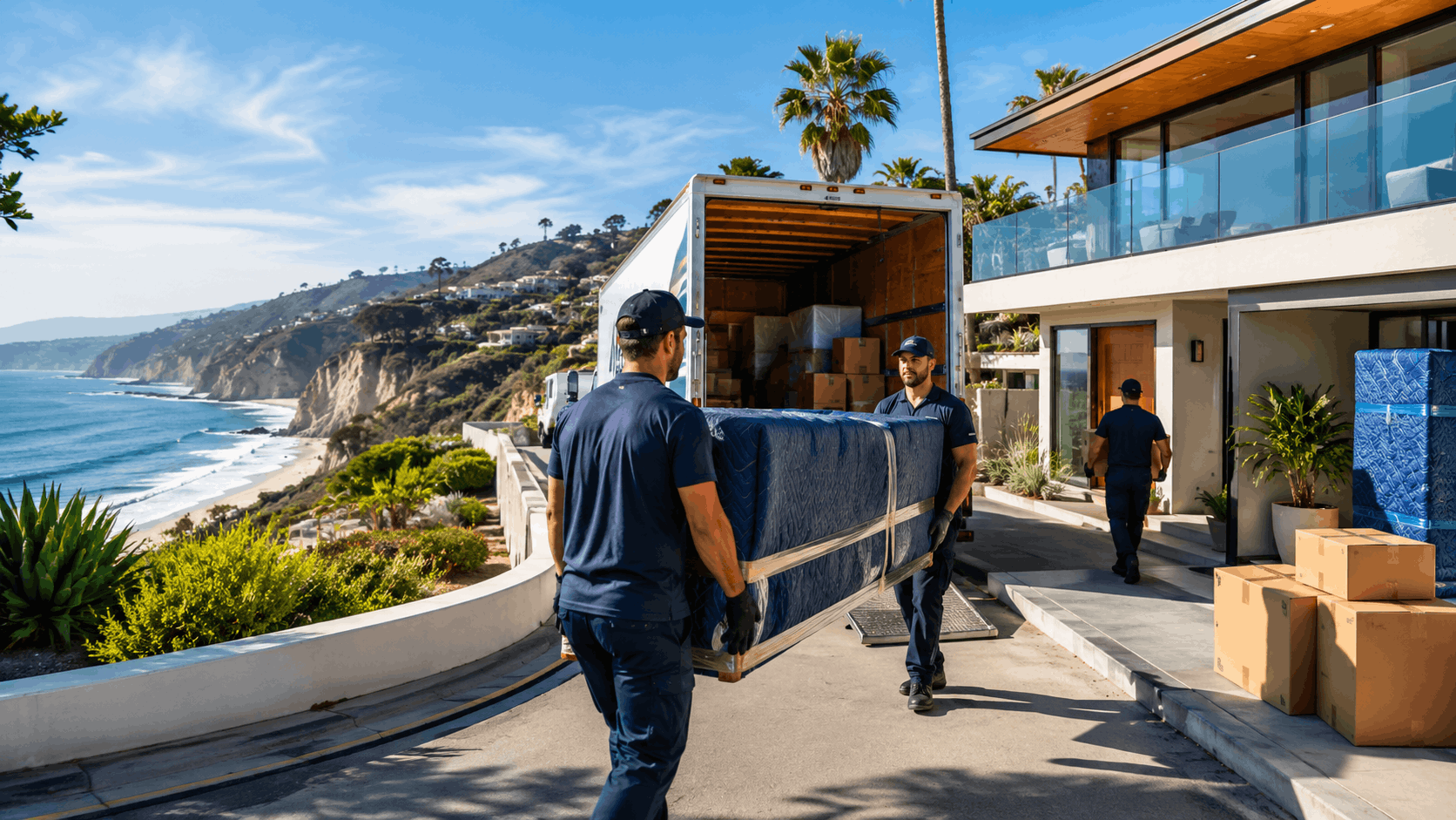 Professional movers unloading wrapped furniture from truck at Los Angeles bluff home