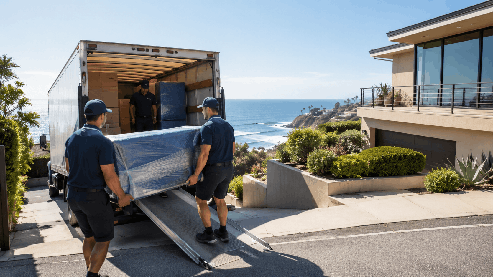 Professional Popeye Moving crew unloading wrapped furniture from truck at Los Angeles oceanfront home