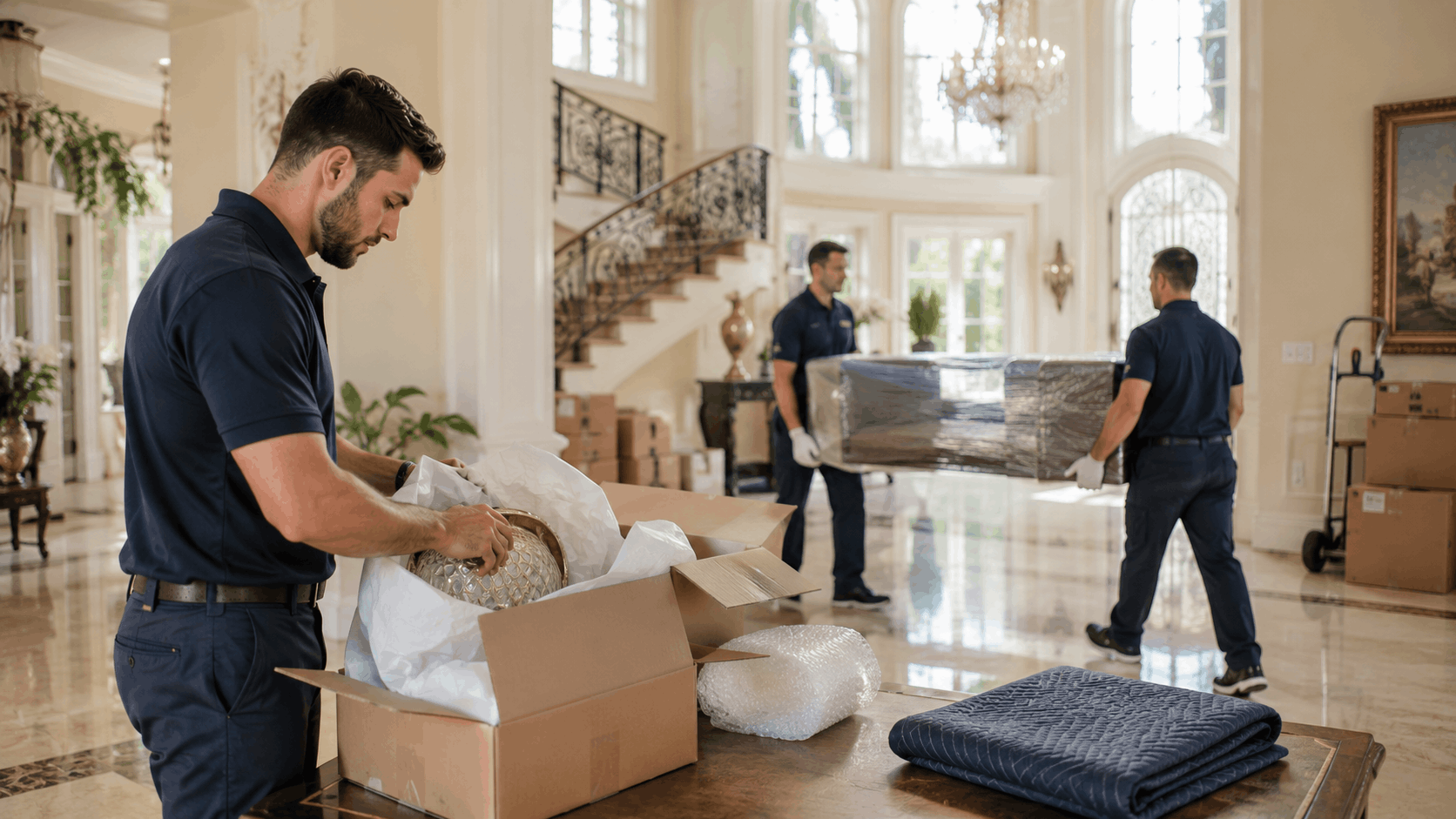 Professional movers packing luxury items in elegant Brentwood mansion grand foyer