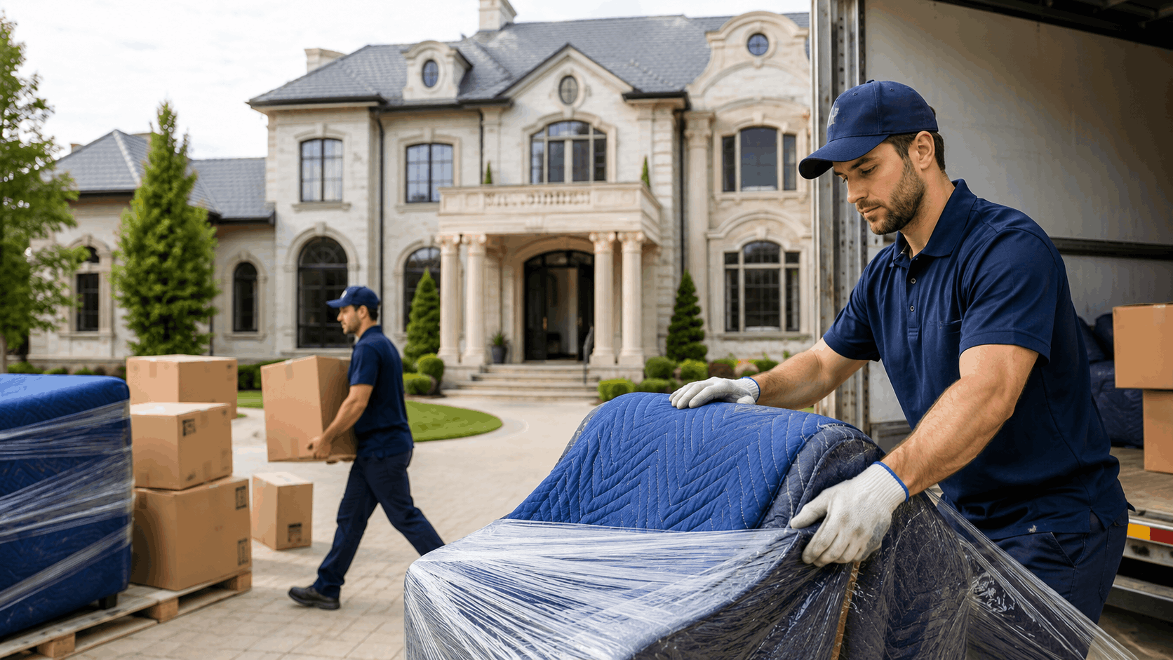 Two professional movers unloading furniture and boxes at luxury Los Angeles mansion