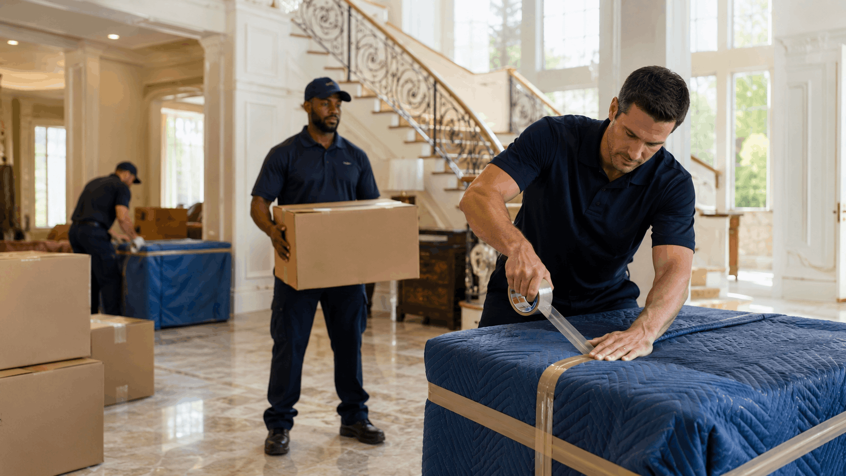 Professional Brentwood movers packing furniture and boxes in a luxury Los Angeles home