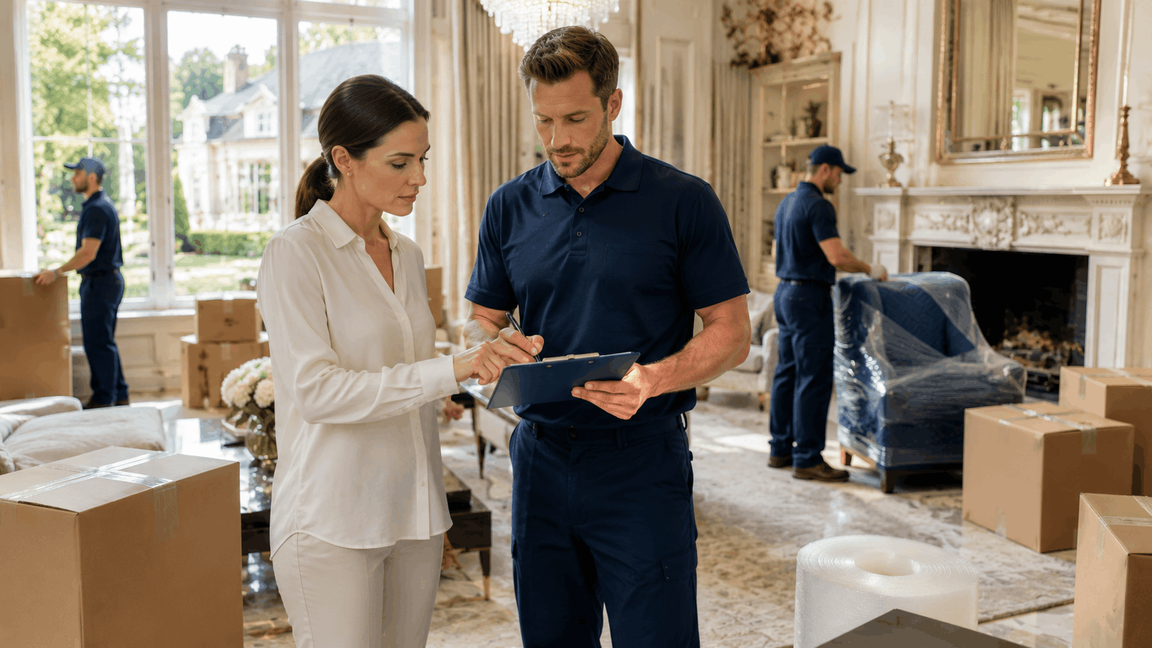 Woman signing clipboard with Brentwood moving company crew packing luxury home