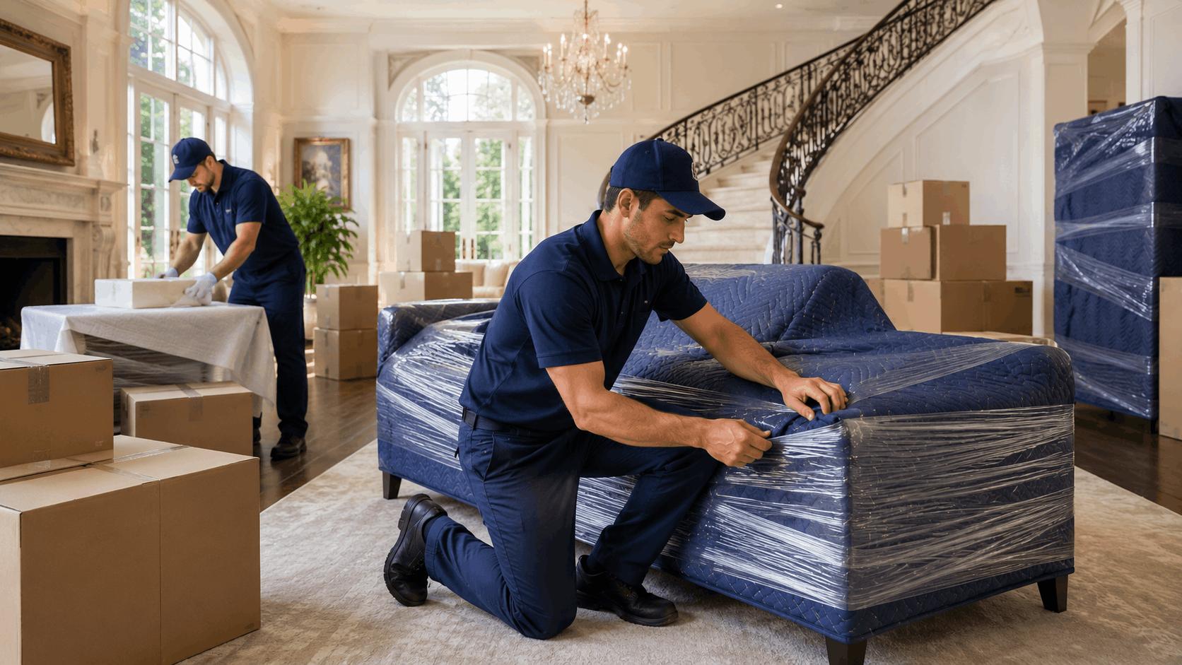 Professional Popeye Moving crew wrapping furniture with plastic in luxury Los Angeles home