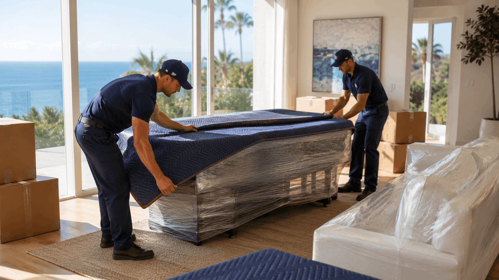 Two professional movers wrapping furniture in oceanview Los Angeles estate home