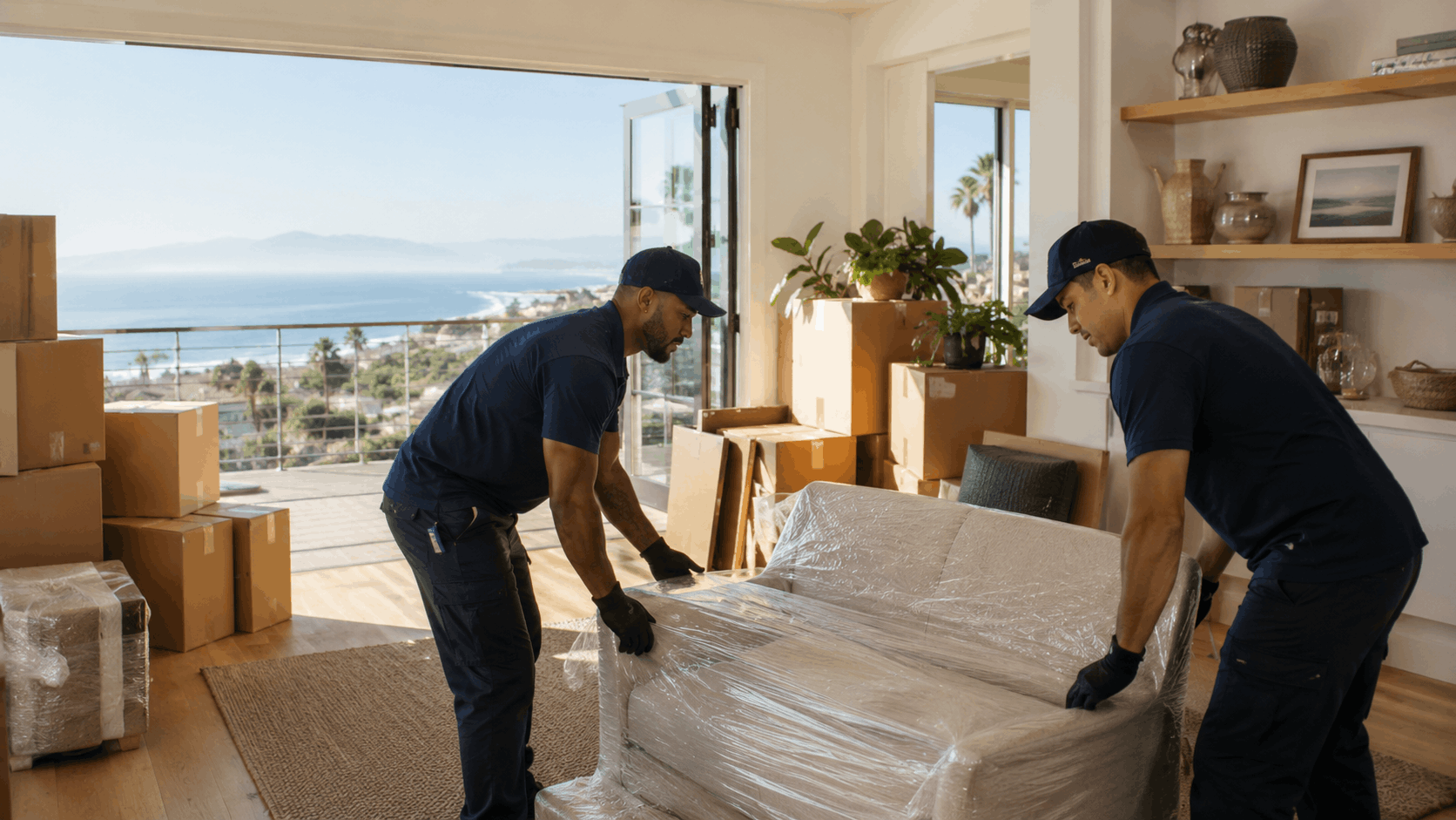 Two professional movers wrapping and lifting sofa in Los Angeles coastal home