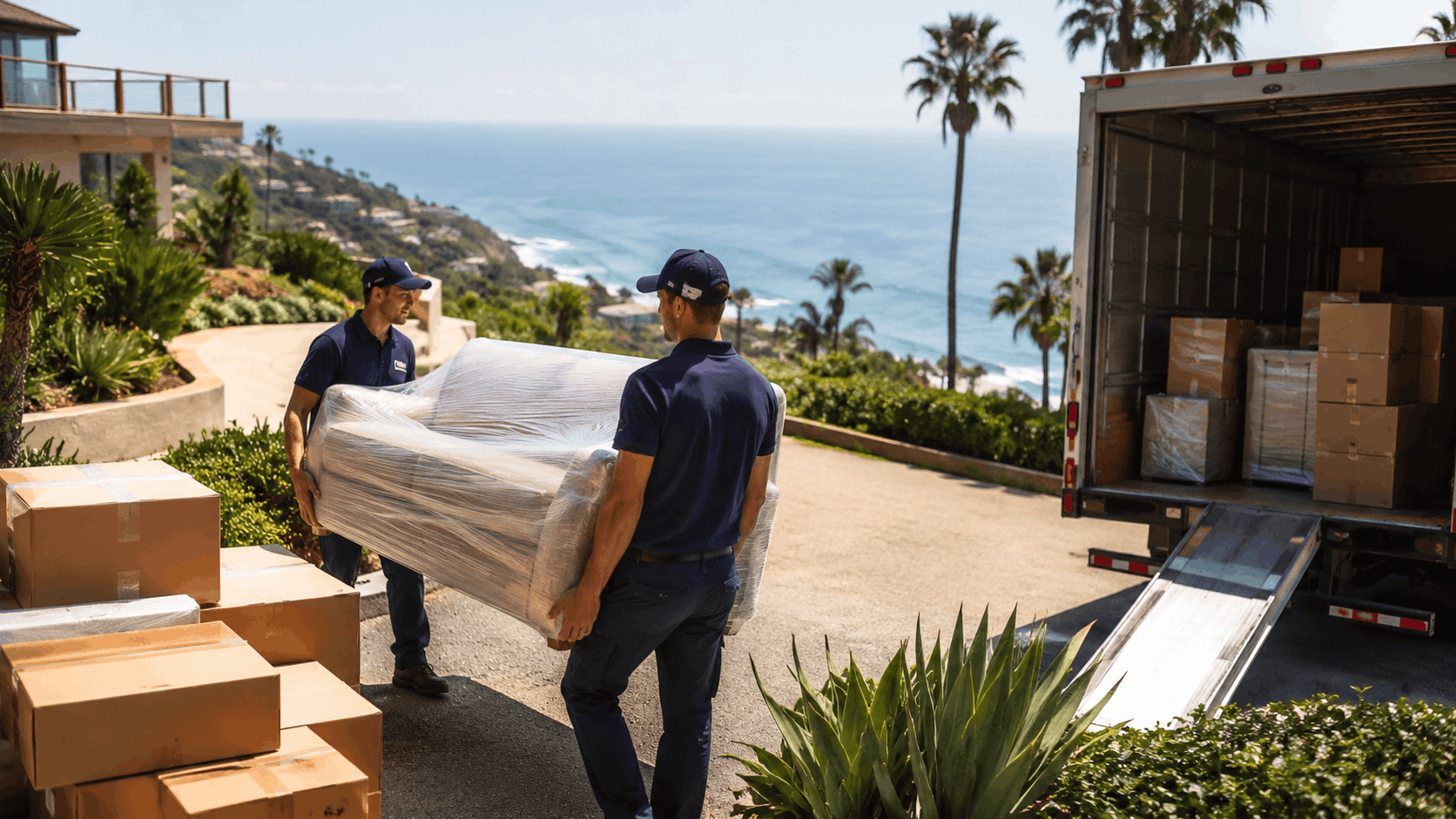 Two professional movers carrying wrapped furniture into moving truck at oceanfront Los Angeles estate