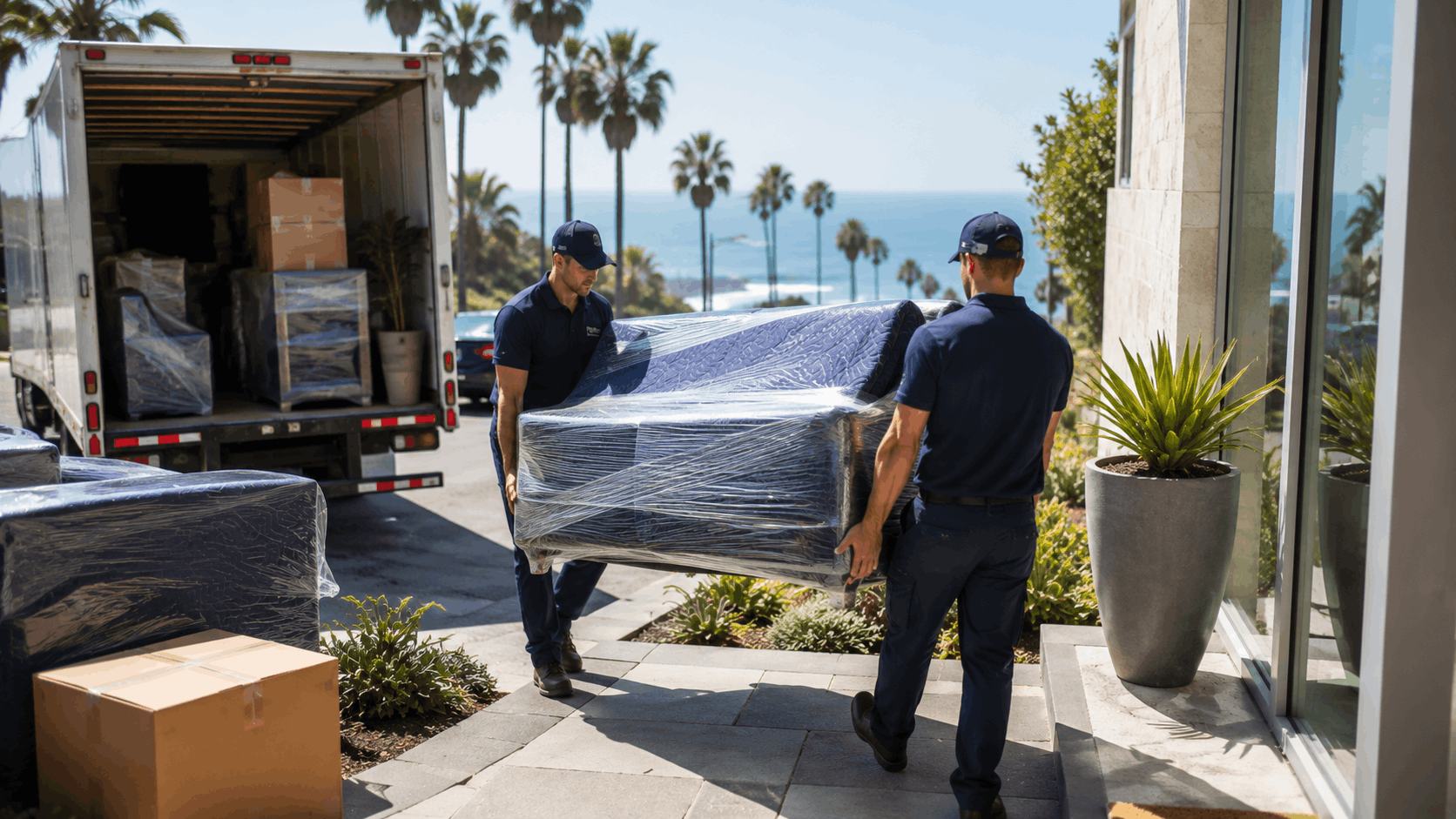Two Popeye Moving employees carrying wrapped mattress into luxury Los Angeles coastal home