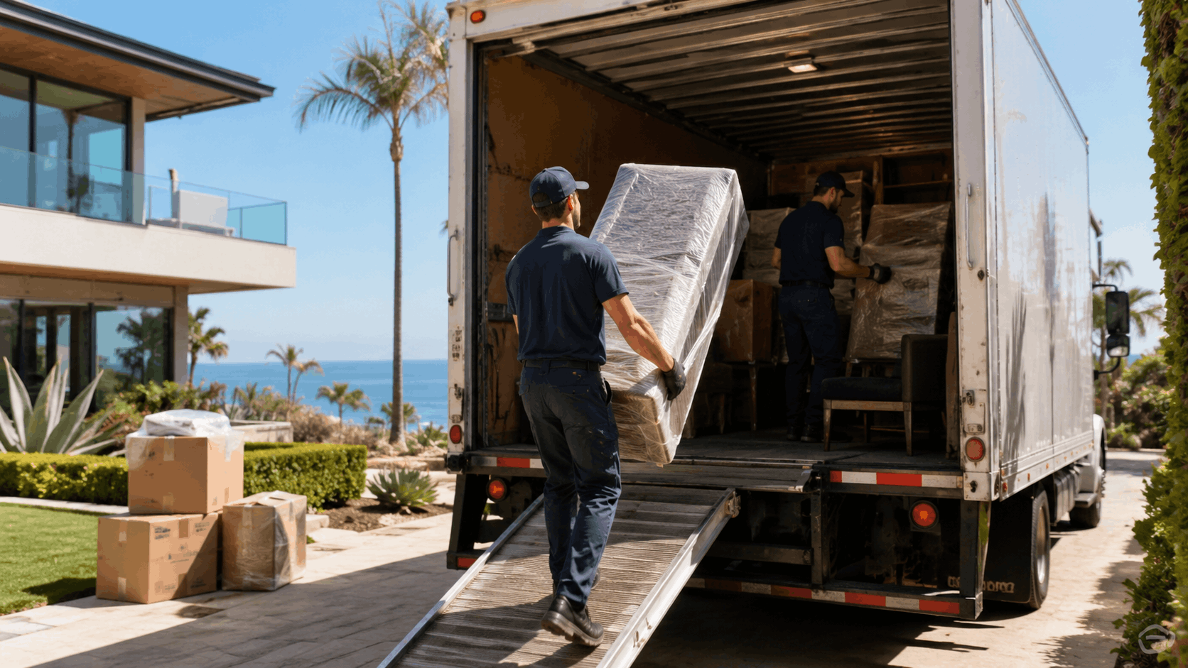 Two professional movers unloading wrapped furniture from moving truck at luxury Los Angeles beachfront home