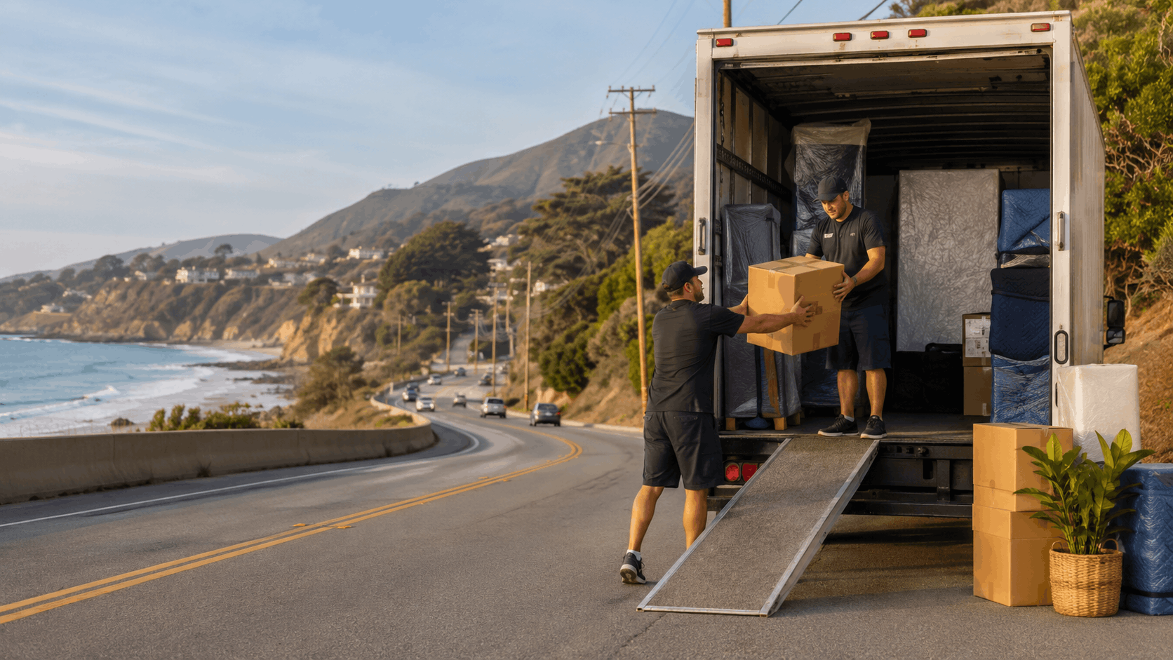 Two movers unloading cardboard boxes from moving truck on scenic Malibu coastal highway