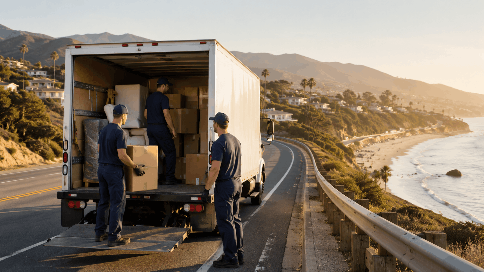 Three movers unloading boxes from moving truck on scenic Los Angeles coastal highway
