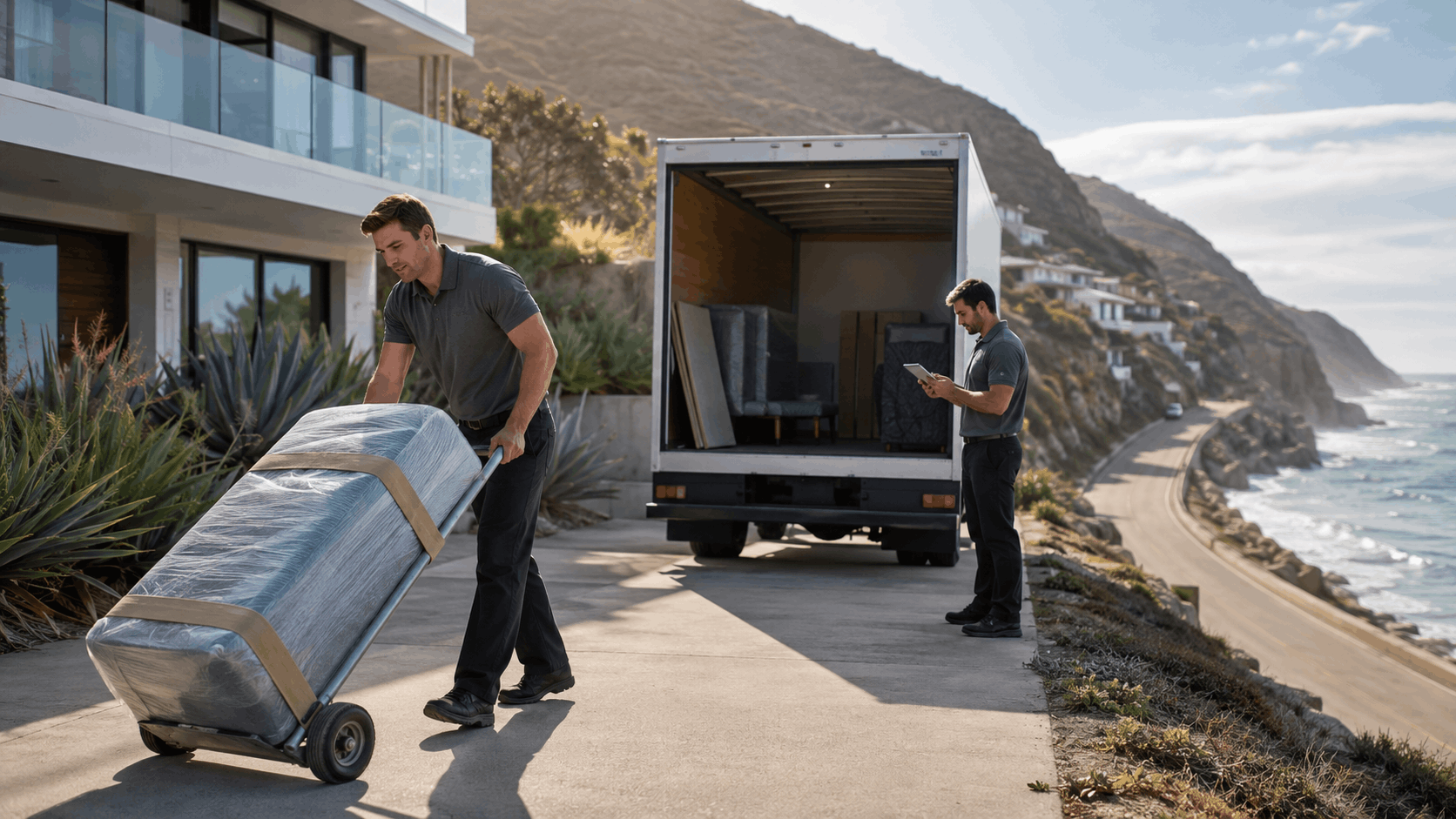 Two professional movers unloading wrapped furniture at Malibu oceanfront gated community home