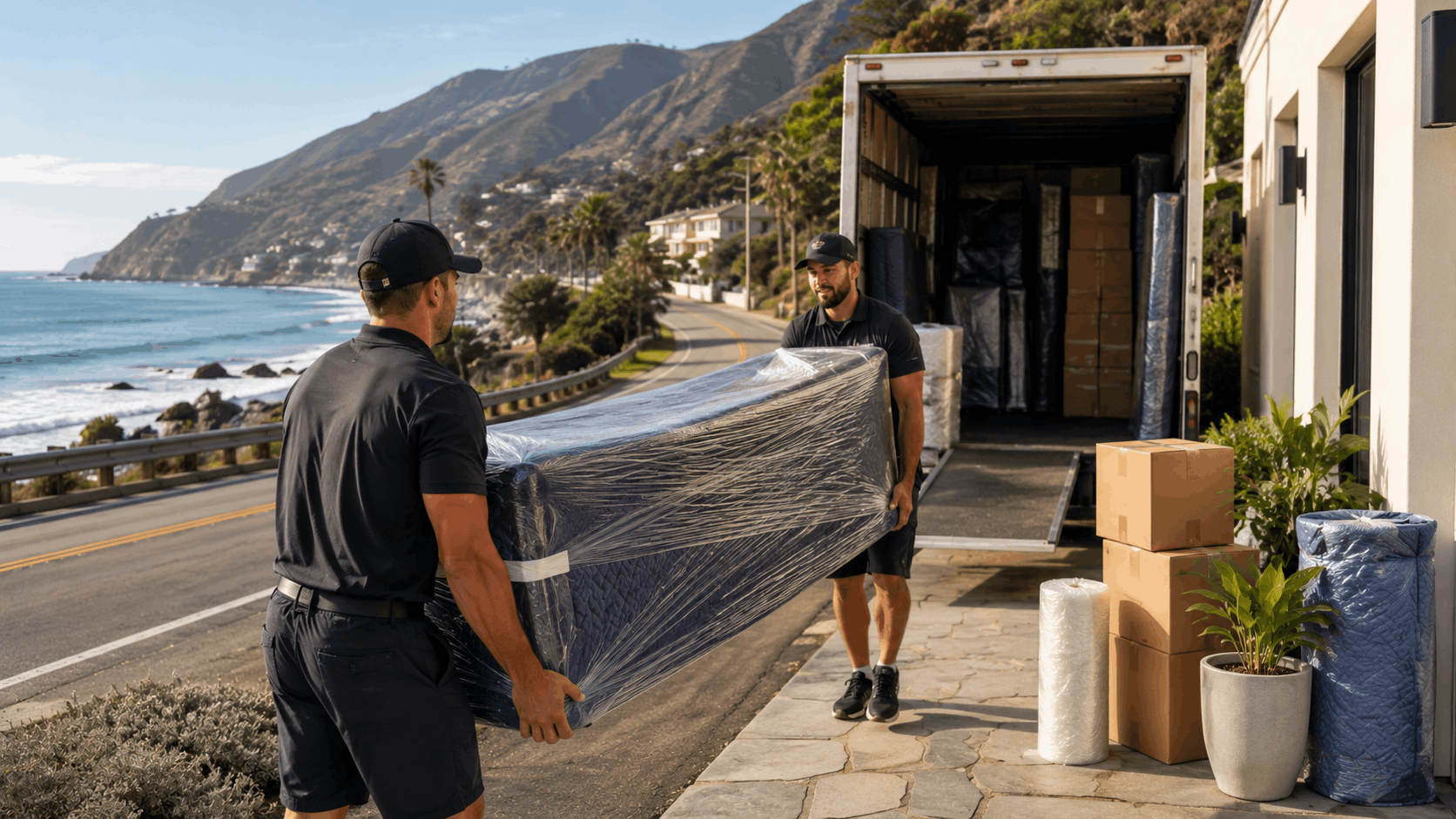 Two professional movers carrying wrapped mattress from truck in scenic Malibu coastal location
