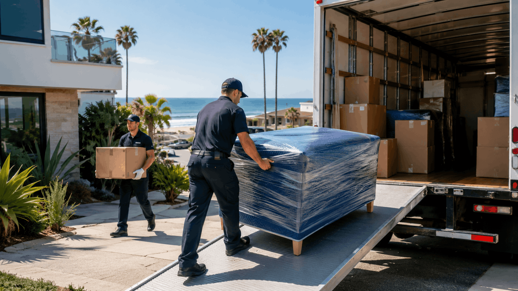 Professional movers unloading wrapped furniture and boxes at Manhattan Beach oceanfront home
