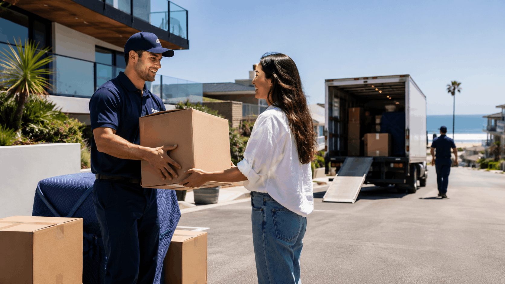 Movers unloading boxes from moving truck at beachfront Los Angeles home