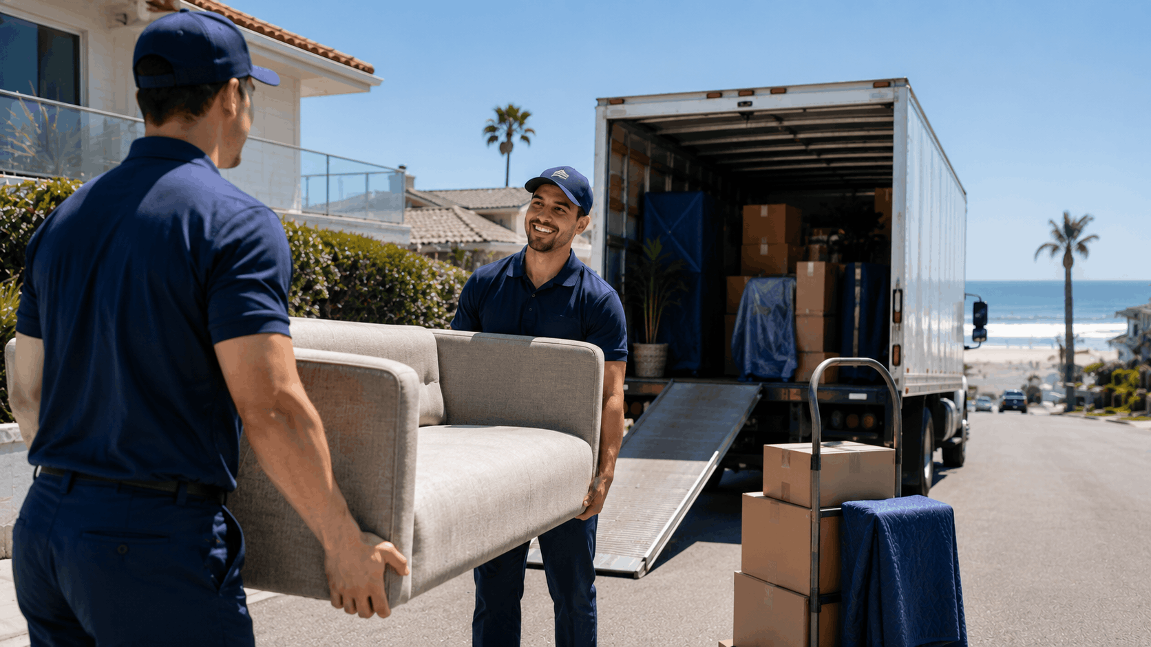 Two professional movers carrying gray sofa toward moving truck near Los Angeles beach