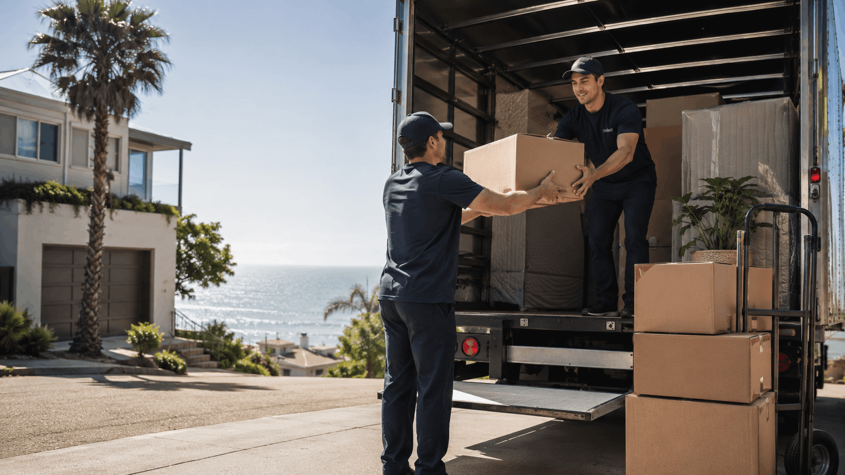 Two professional movers unloading cardboard boxes from truck near oceanfront Manhattan Beach home