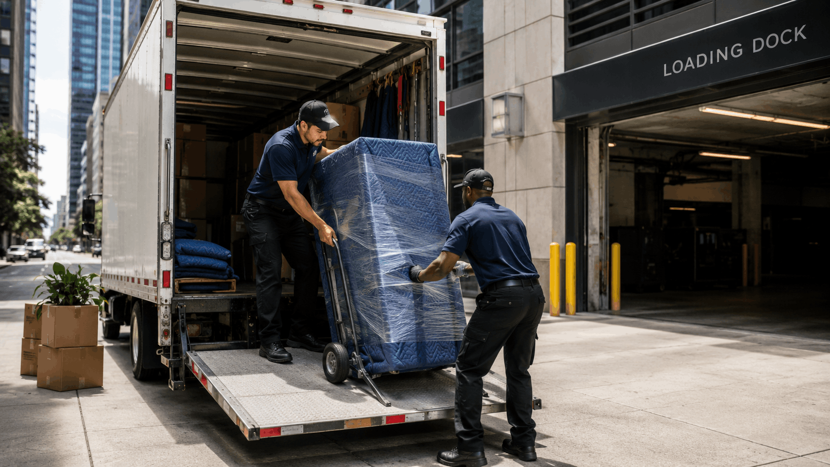 Two professional movers unloading wrapped mattress from truck at downtown LA loading dock