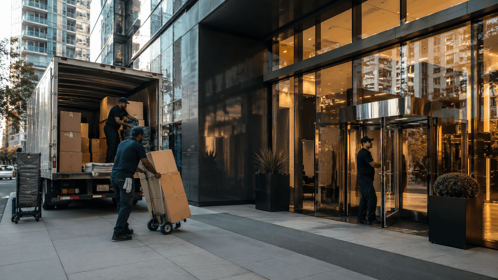 Movers unloading cardboard boxes from truck into modern Los Angeles office building