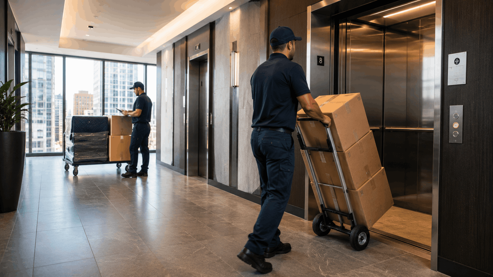 Two movers using hand trucks to load boxes into building elevator