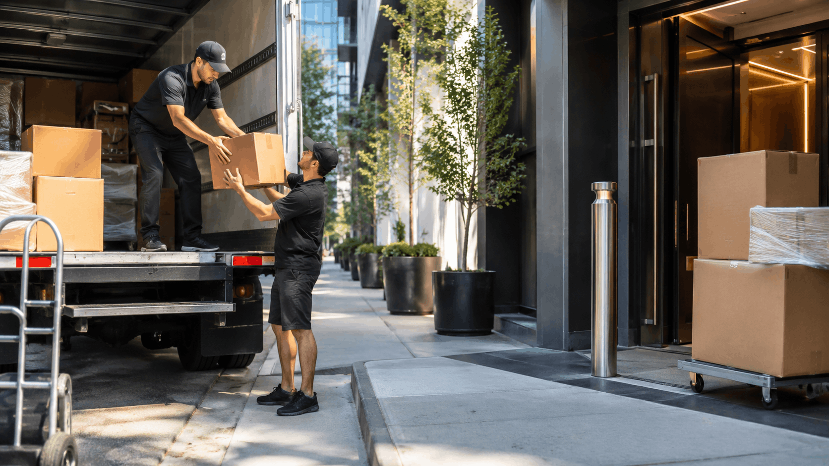 Two Popeye Moving workers unloading cardboard boxes from delivery truck at DTLA high-rise building