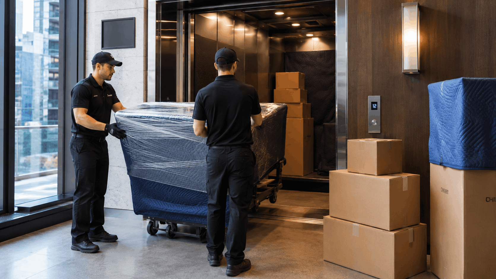Two professional movers loading wrapped furniture into elevator with cardboard boxes