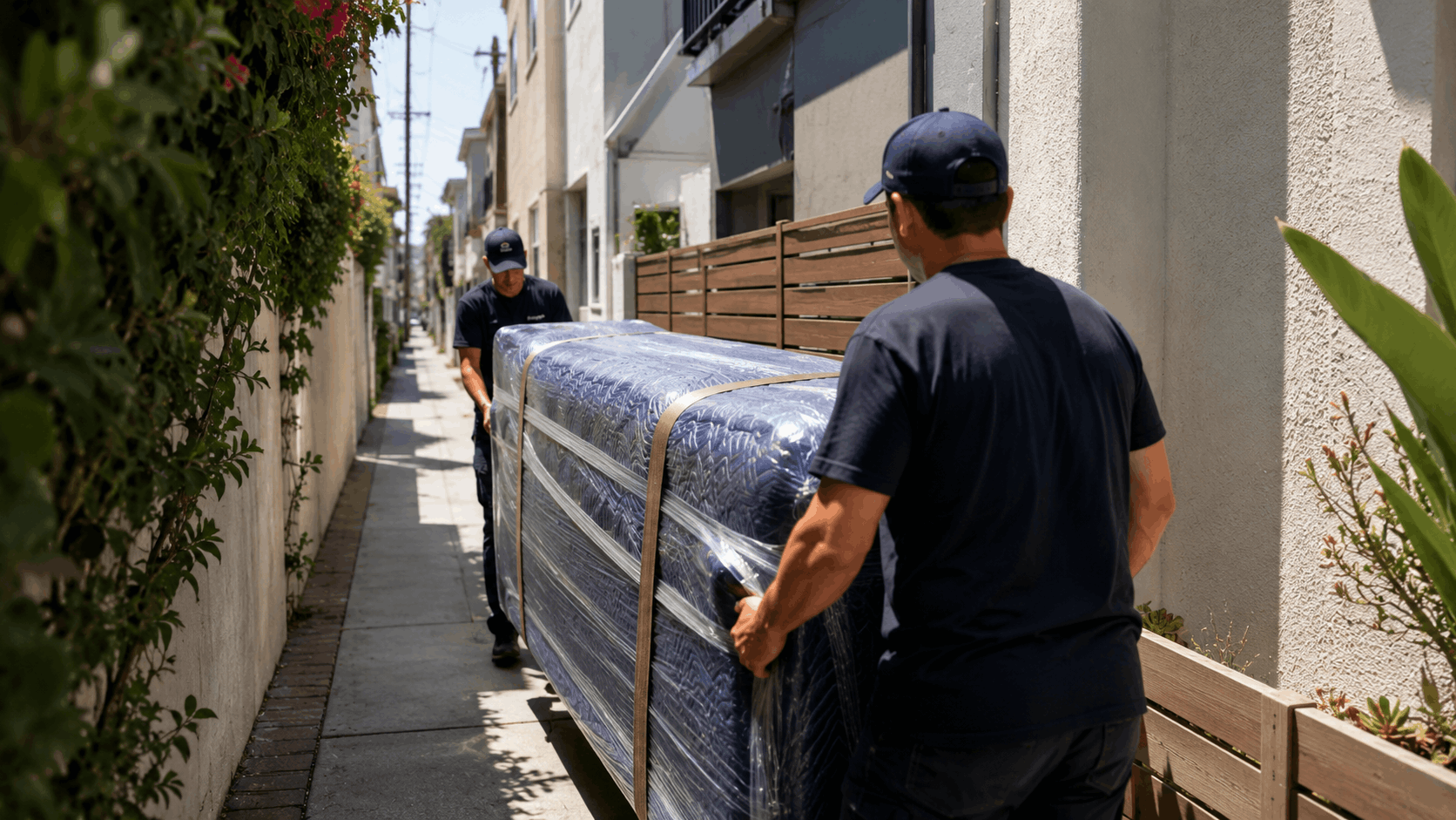 Two movers carrying wrapped mattress through narrow Los Angeles residential alleyway