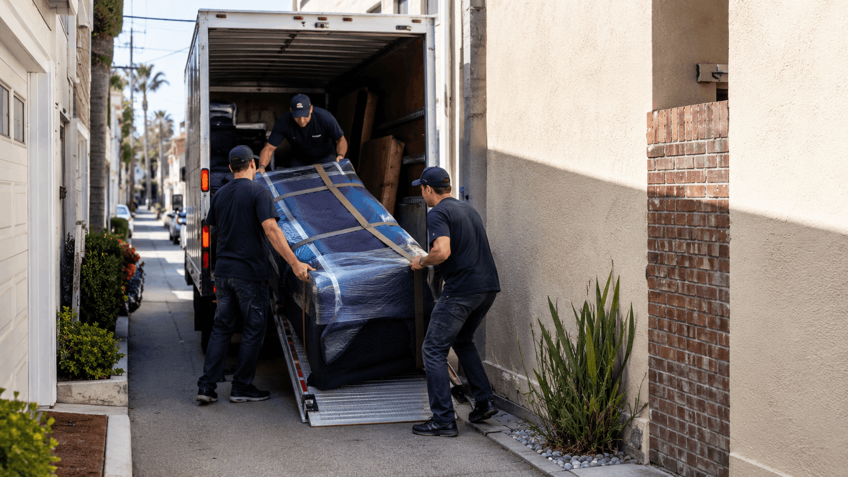 Three professional movers unloading large wrapped furniture from moving truck in narrow Los Angeles alley