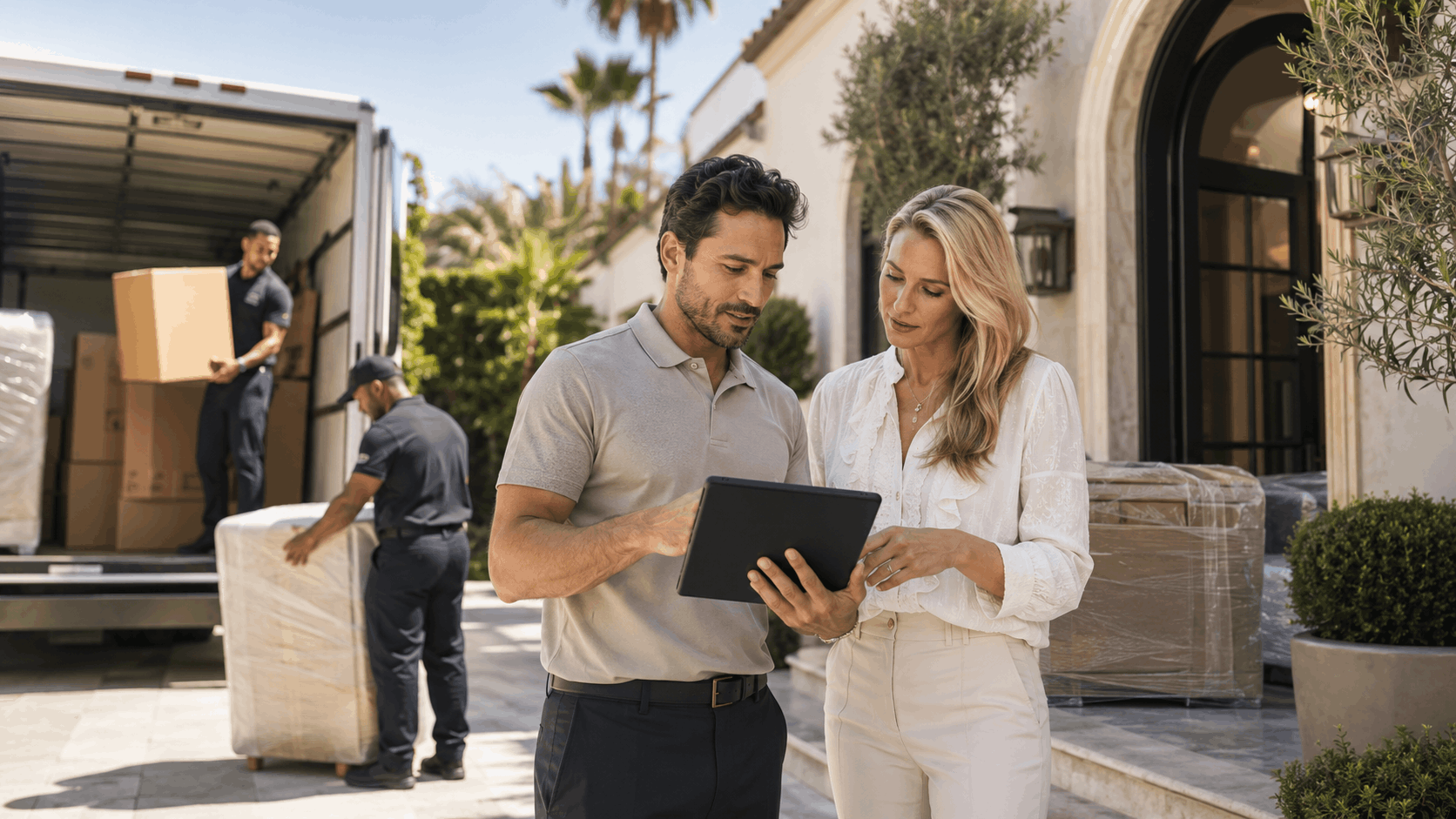 Moving coordinator reviewing tablet with homeowner outside Beverly Hills estate during relocation