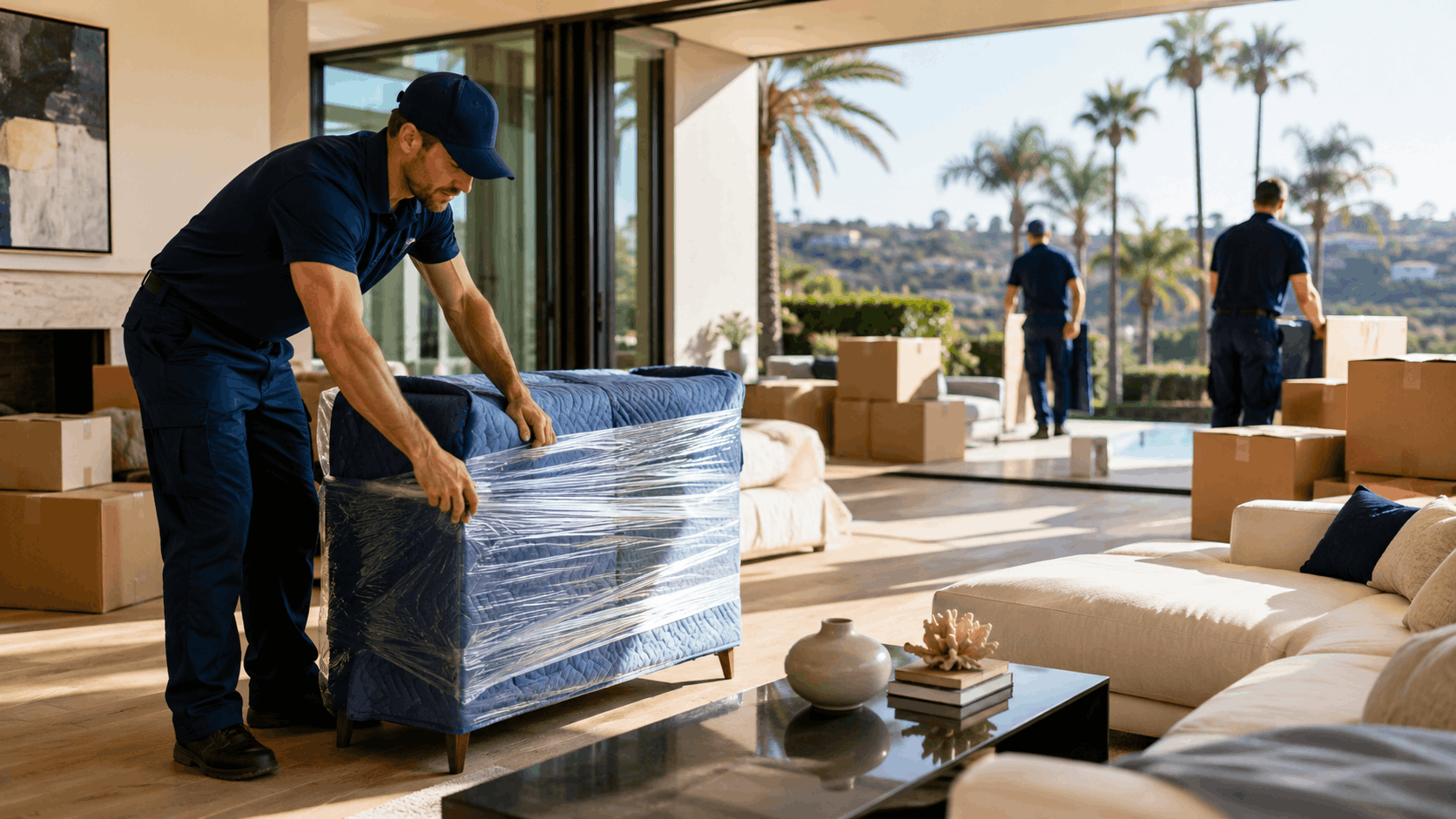 Professional movers in blue uniforms wrapping furniture during Los Angeles estate move