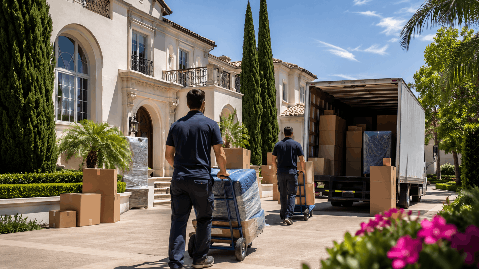Two Popeye Moving & Storage movers unloading boxes from truck at luxury Los Angeles home