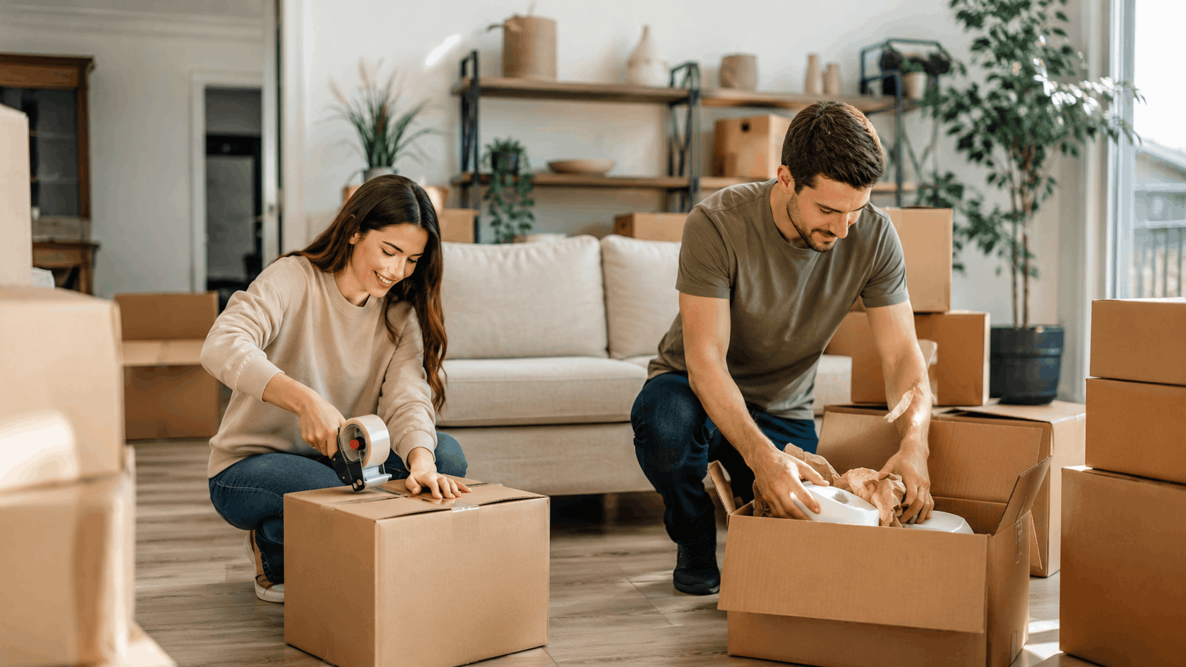 Couple packing cardboard moving boxes with tape dispenser in Los Angeles home