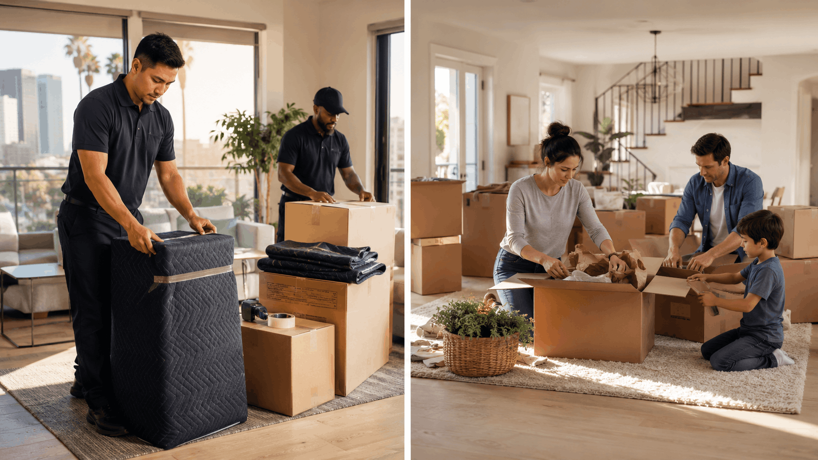 Professional movers packing boxes alongside family unpacking in Los Angeles home