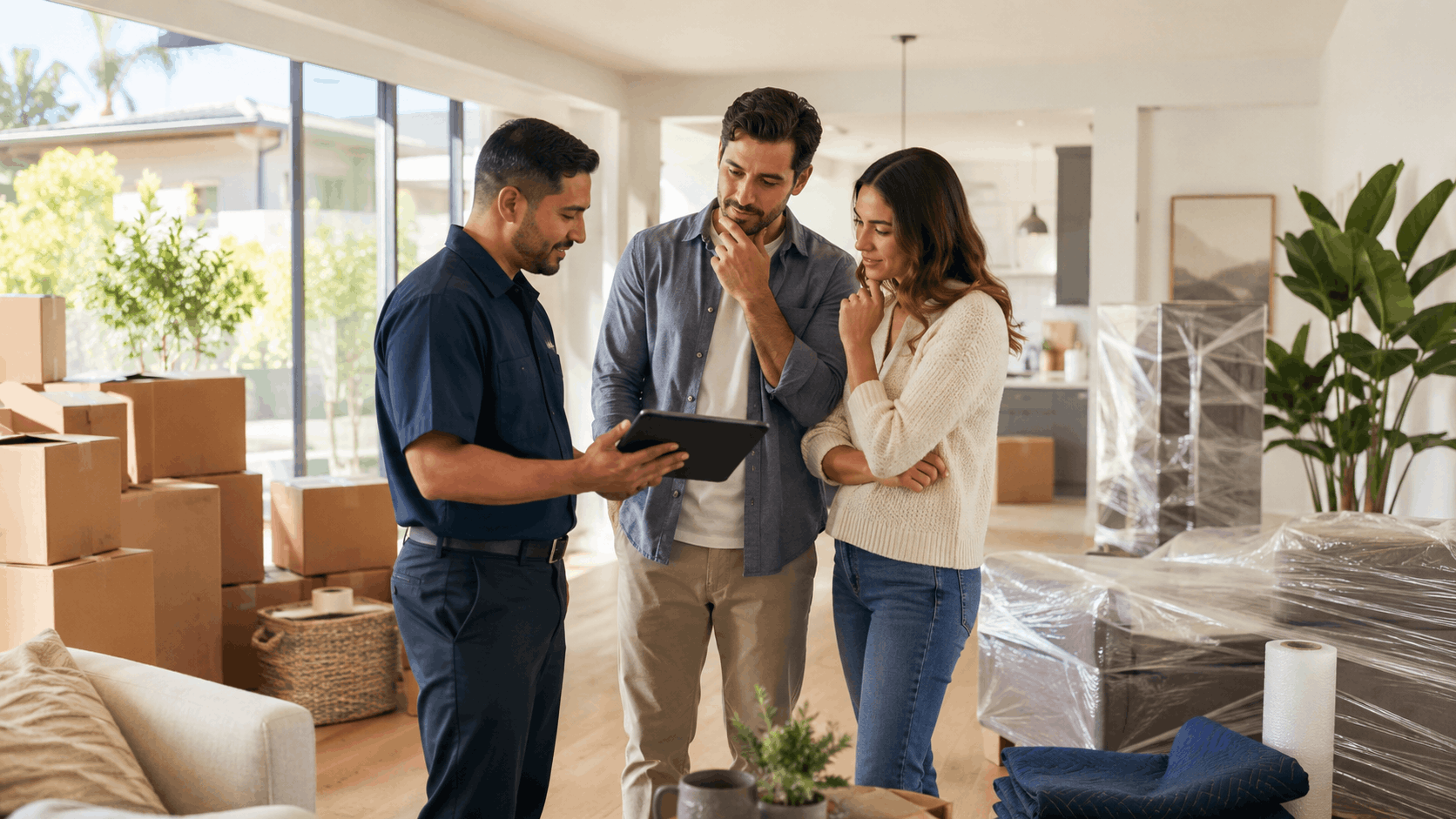 Moving company representative showing LA couple hidden costs on tablet during relocation