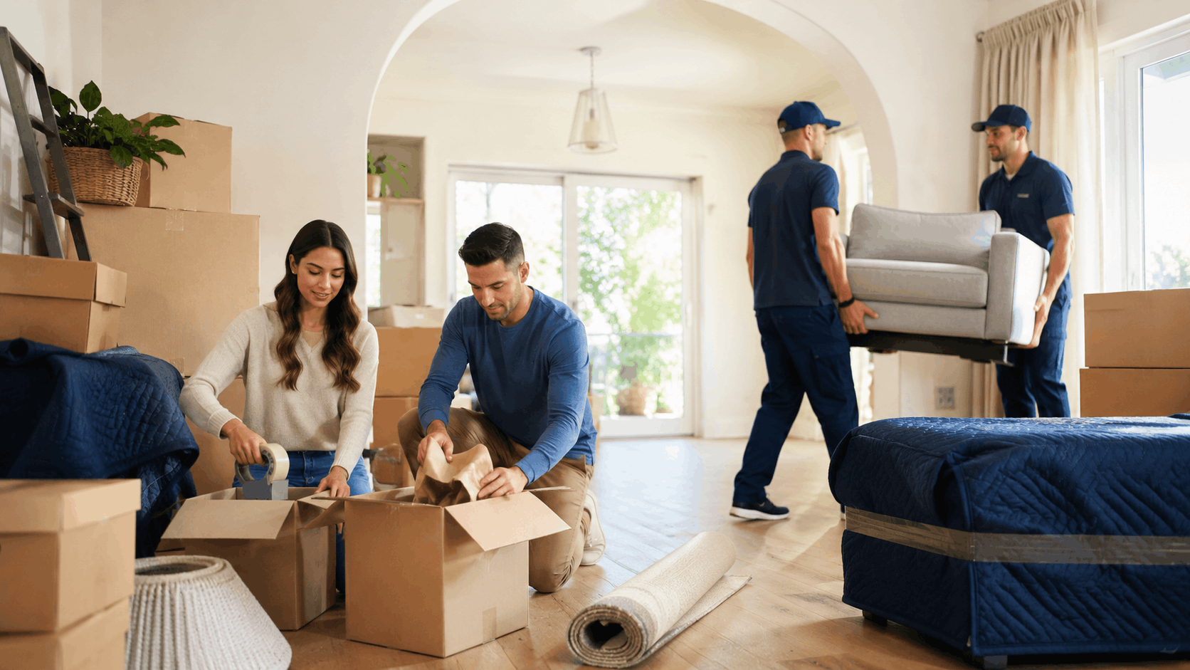 Couple packing boxes while two Popeye Moving crew members carry sofa in bright LA home
