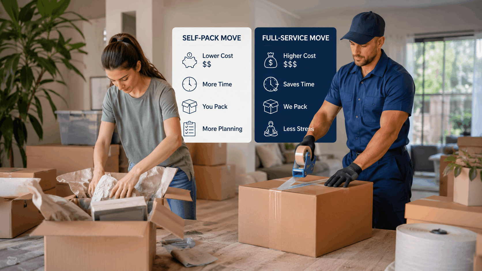 Woman self-packing boxes versus professional Los Angeles mover taping cardboard moving boxes
