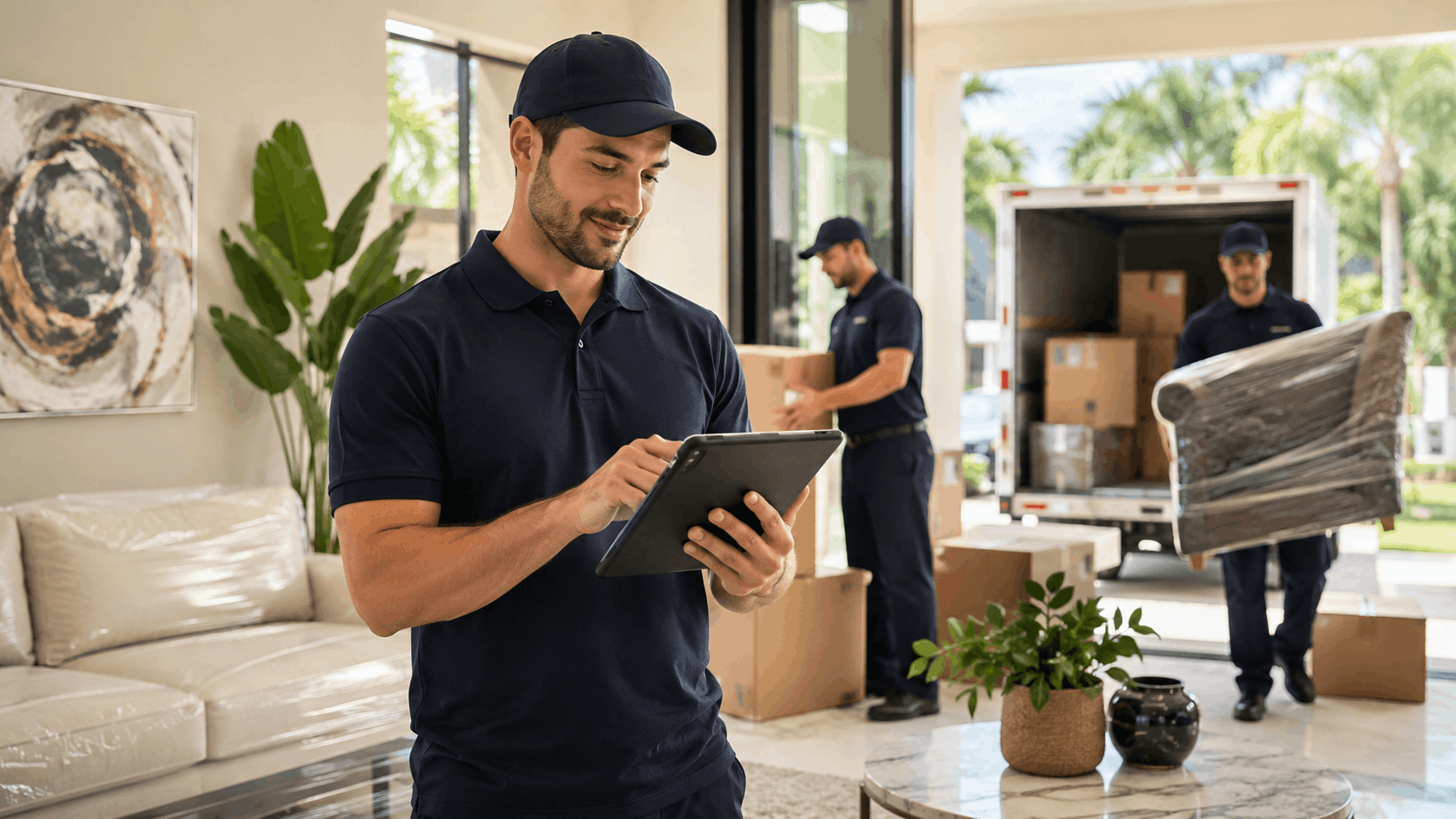 Professional movers unloading furniture and boxes from moving truck in Beverly Hills home